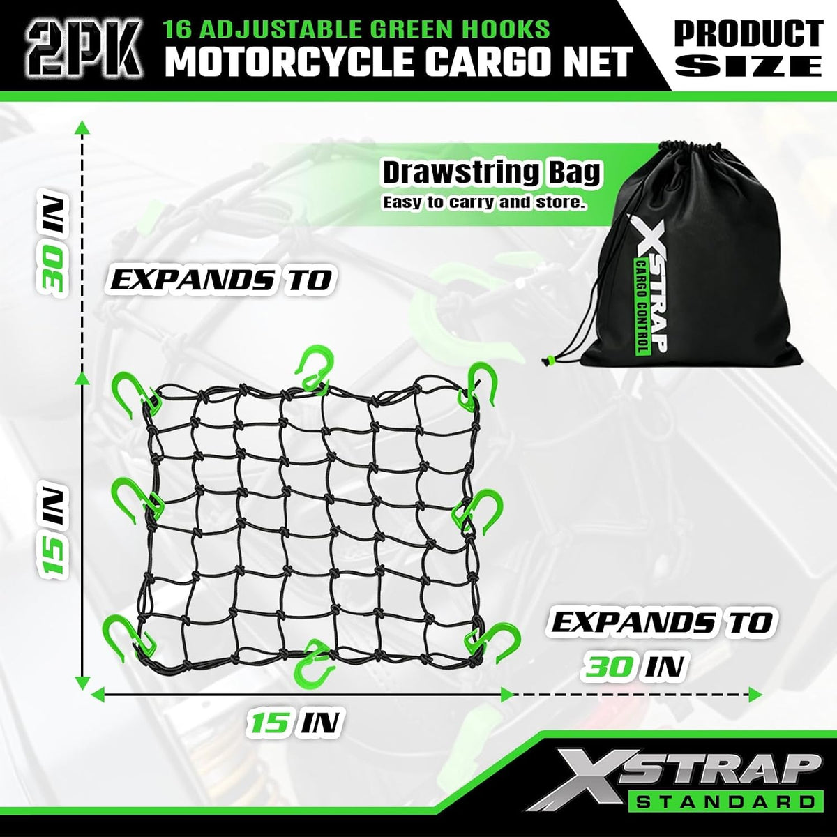 XS63559 2 Pack 15"x15" Motorcycle Cargo Nets with 16 Adjustable Hooks ﻿ Stretches up to 30"X30", 2"X2" Small Mesh Gear Helmet Net, Green Hooks for Motorcycle, Bike, ATV and Luggage Rack