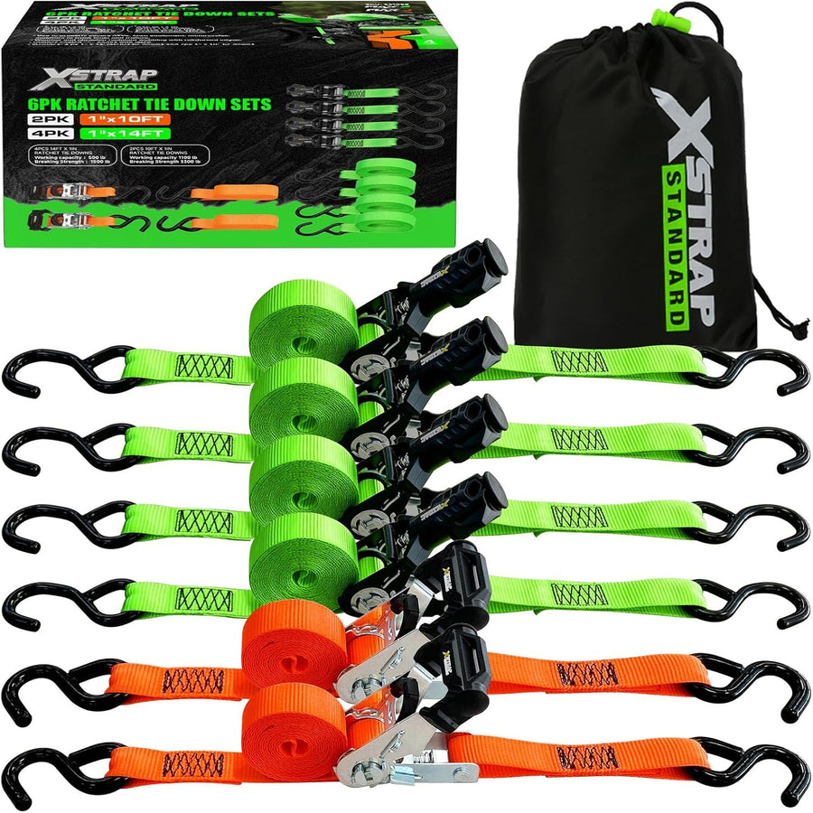 66105B 6-PK Ratchet Tie Down Straps, Heavy Duty Motorcycle Straps 1 Inch 4 x 14ft & 2 x 10ft Tie-down, 3300 lbs Break Strength Cargo Straps with Coated S-Hooks for Moving, Truck, UTV, Trailer