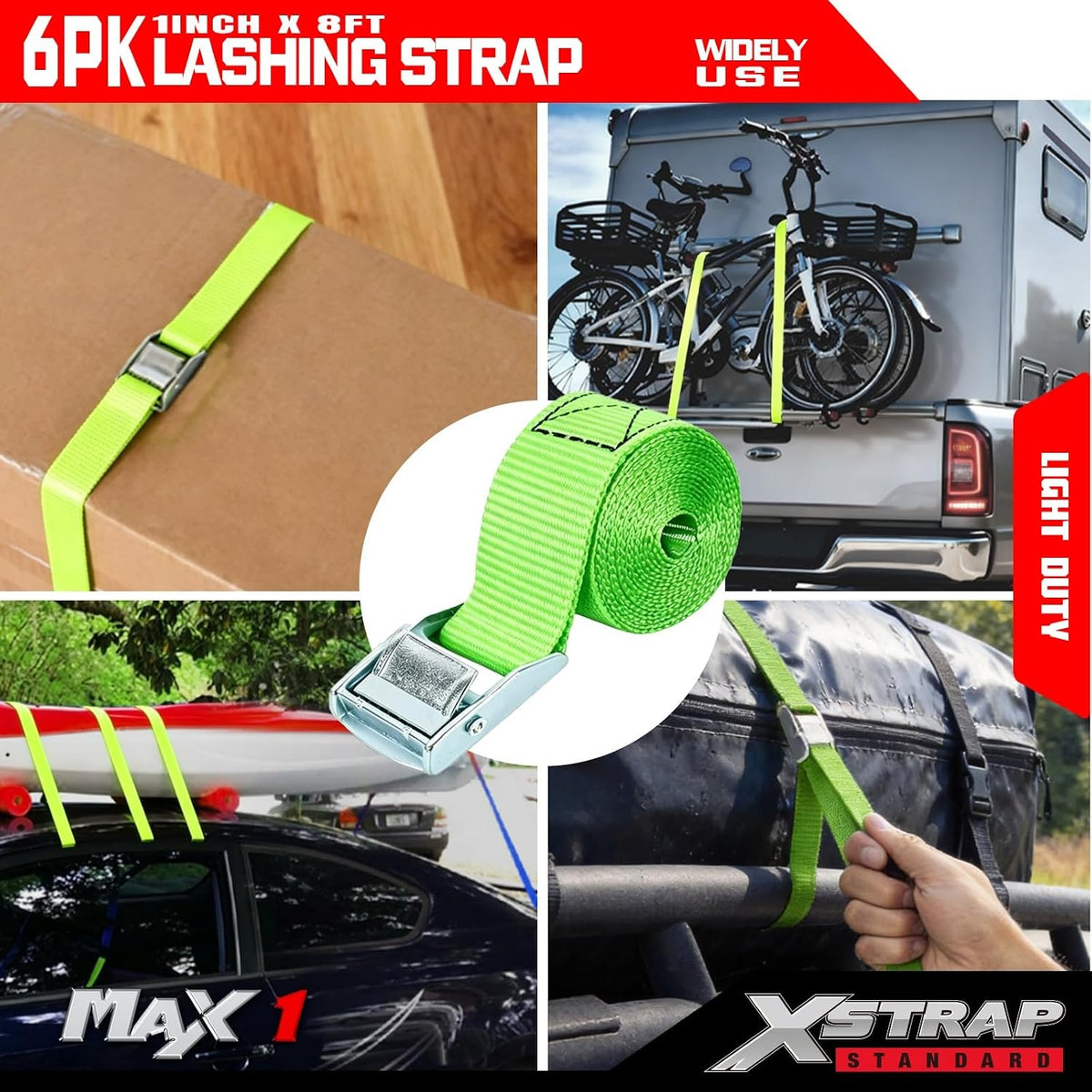 XS16006-Green 6PK 8FT Cam Buckle Lashing Straps, Cargo Tie-Down Straps 1000 lb Break Strength 1-inch Powersports Tie Down with Carry Bag for Securing Luggage Motorcycles Trailer Rack Kayak, Green