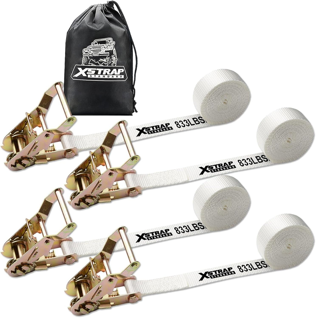 XS16100 4PK 1" × 10FT Ratchet Tie Down White Tent Securing Straps, 2500lbs Breaking Strength Heavy Duty Endless Moving Straps, Track Spring Fittings, Tie Downs for Tents/Trailers/Kayaks/Truck