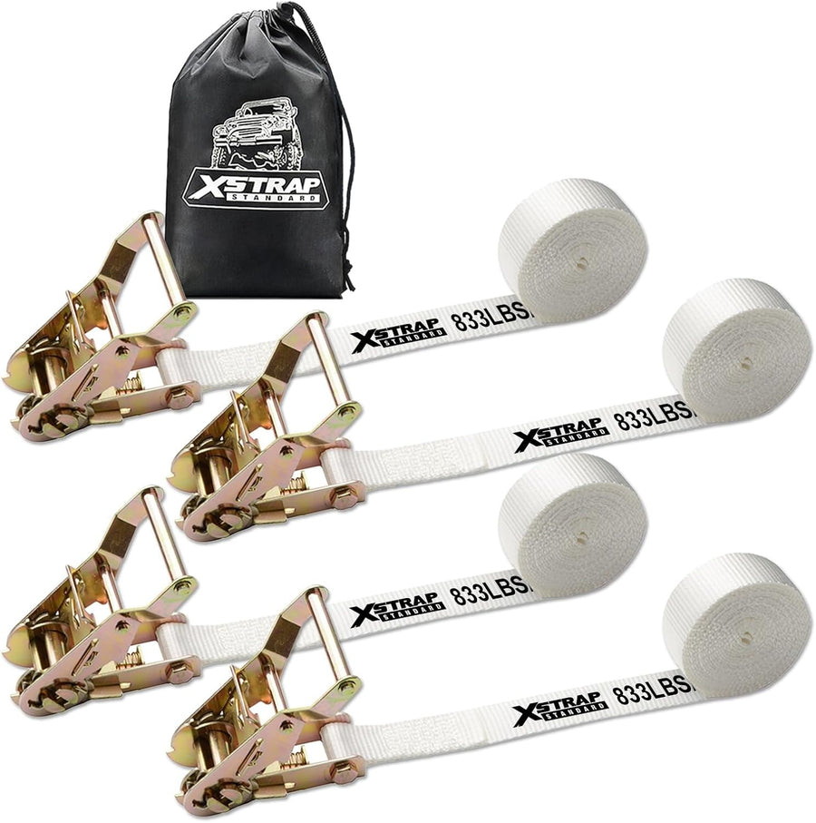 XS16100 4PK 1" × 10FT Ratchet Tie Down White Tent Securing Straps, 2500lbs Breaking Strength Heavy Duty Endless Moving Straps, Track Spring Fittings, Tie Downs for Tents/Trailers/Kayaks/Truck