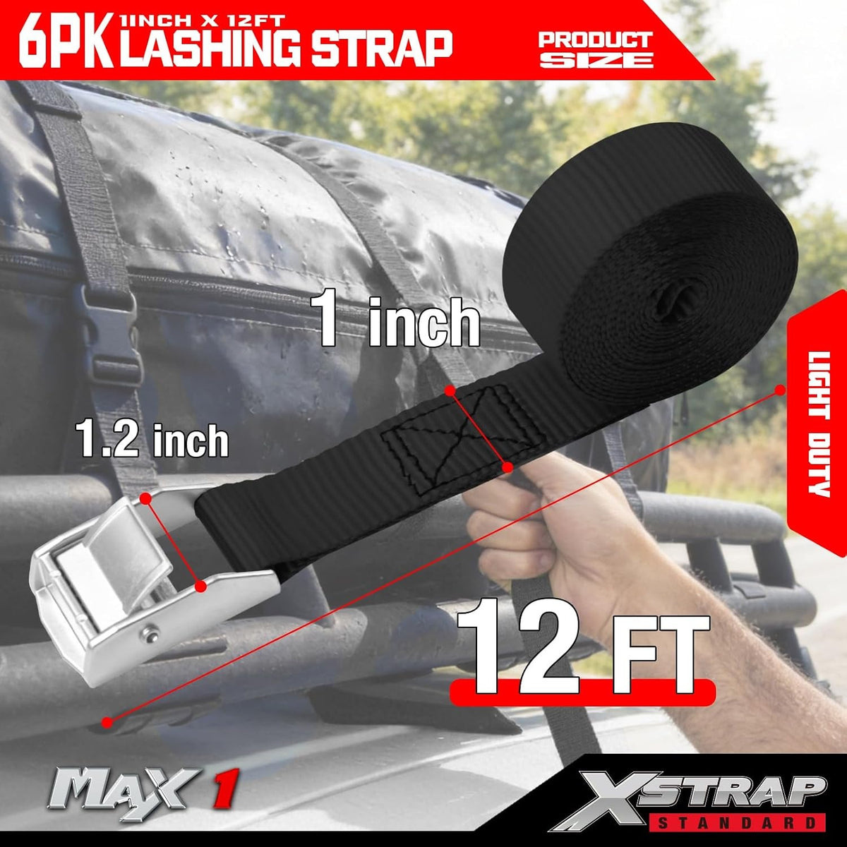 XS61090 Cambuckle Tie Down Strap 6-Pack 1"x12' Cargo Lashing Straps 1000 lb Break Strength 1-inch Powersports Tie Down with Carry Bag for Securing Luggage Motorcycles Trailer Rack Kayak, Black