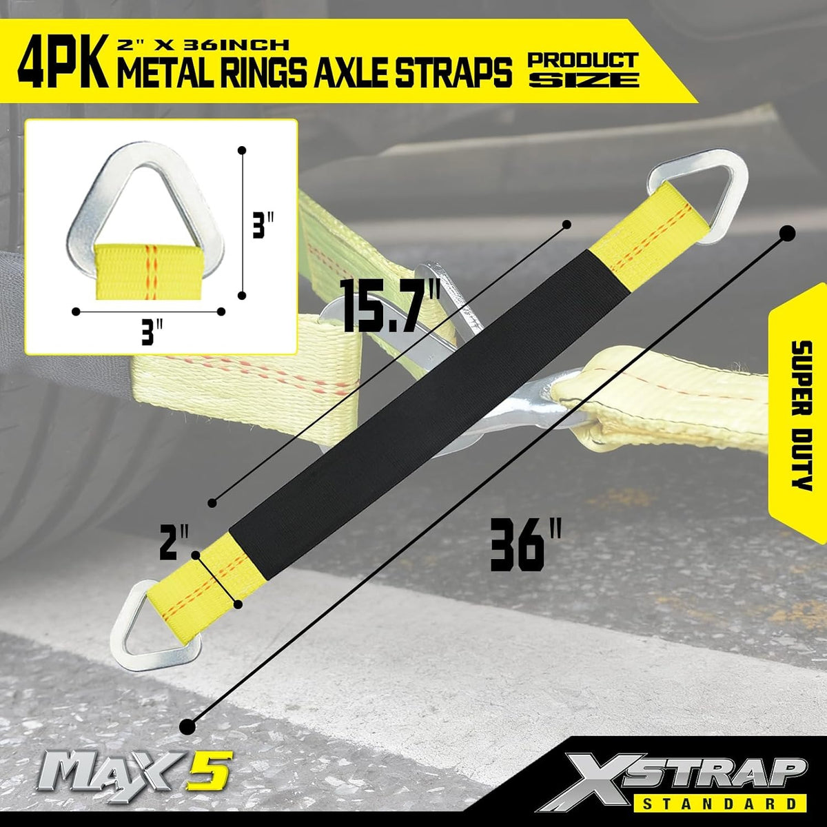 XS20306 4-PK 36" x 2" Axle Straps with Protective Sleeve and D-Ring Tire Wheel Tie Down Straps for Securing Race Car Tow Truck Transport, 3333 Lb. Capacity 10,000 Breaking Strength, Yellow