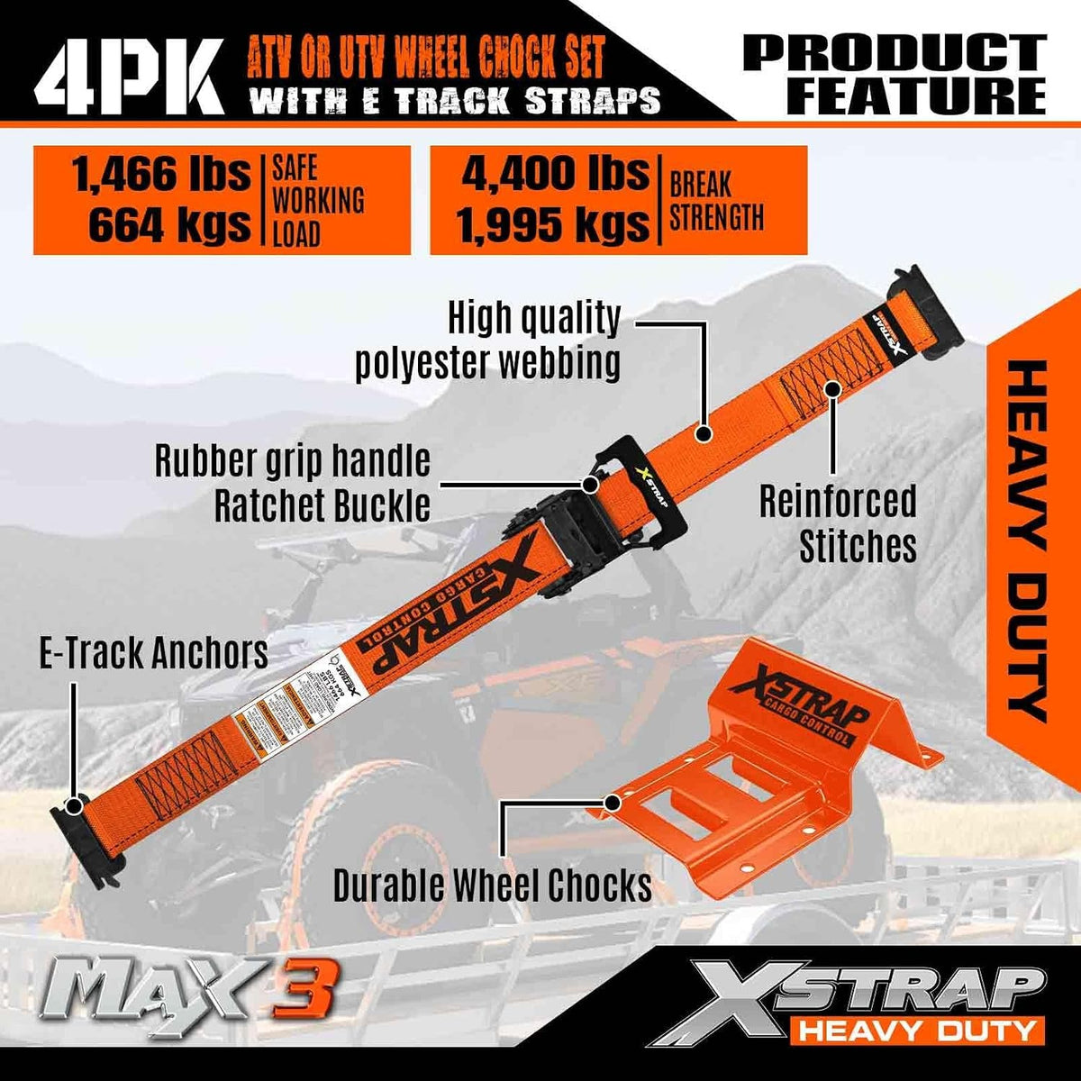 X61897 Wheel Chock E-Track Tie Down Straps Kit, 4-Pack, 2" x 9FT 4,400lb Break Strength Over-The-Tire 4 Ratchet Straps with 8 Steel Wheel Chocks for ATV, UTV, Mower, Four Wheeler & Trailer