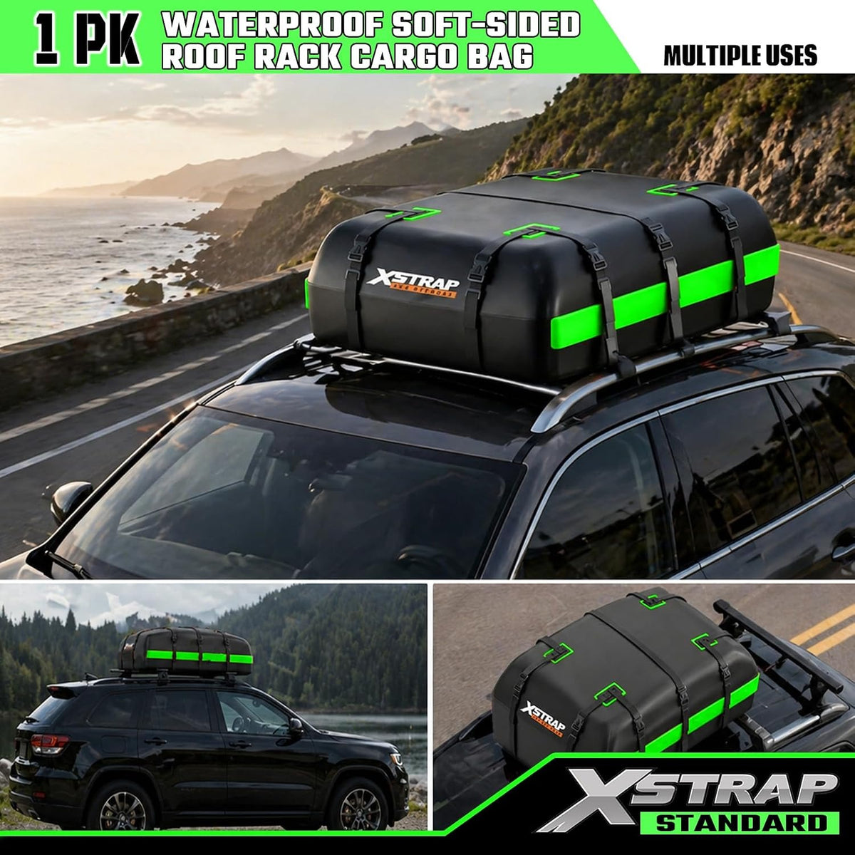 16 Cubic Feet Car Rooftop Luggage Carrier Bag, Green Weather-Resistant 840D Car Roof Bag for SUVs Sedans with/without Rack, Anti-Slip Mat, 6-Door Hooks, 2-Extra Straps, Lock44309-green