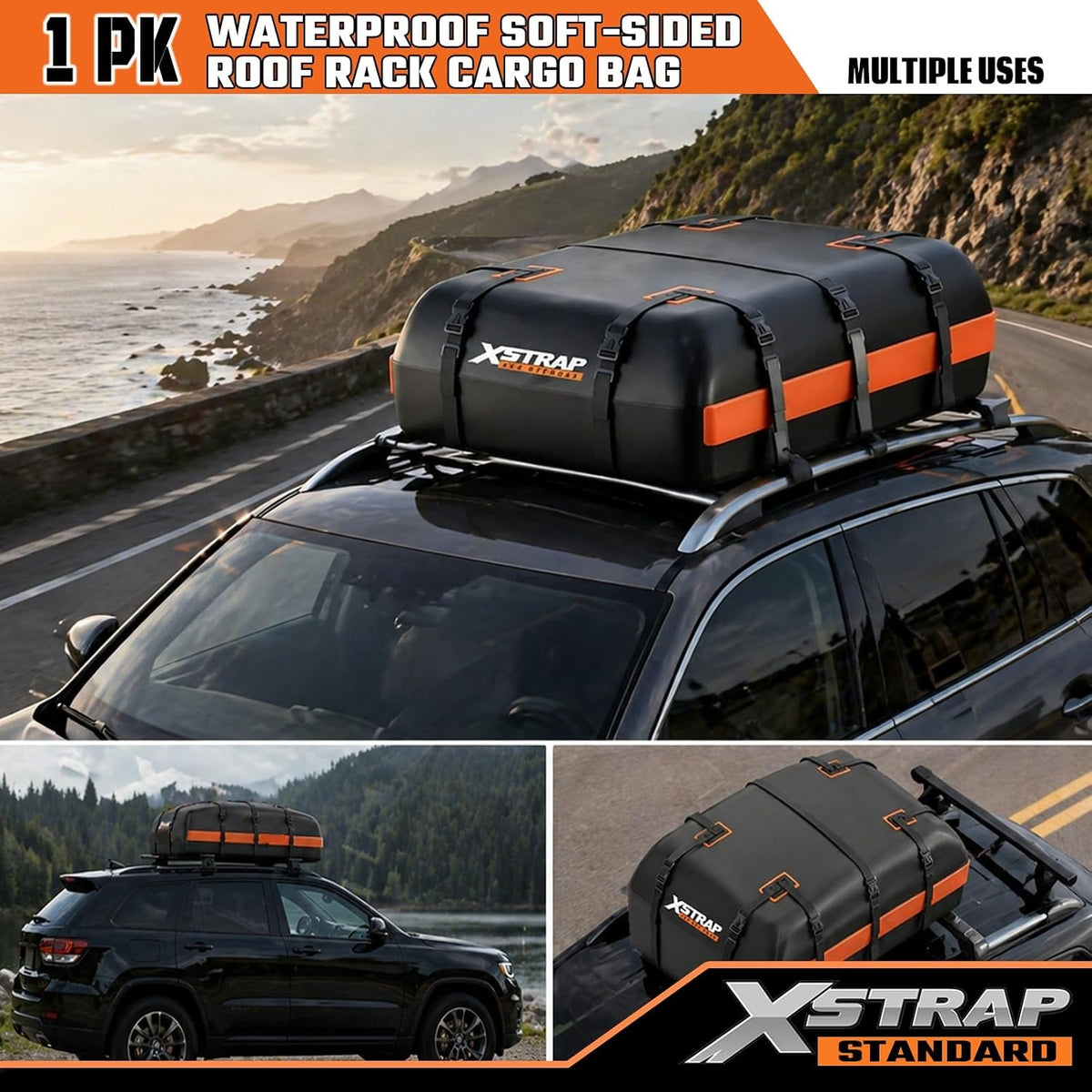 16 Cubic Feet Car Rooftop Luggage Carrier Bag, Orange Weather-Resistant 840D Car Roof Bag for SUVs Sedans with/without Rack, Anti-Slip Mat, 6-Door Hooks, 2-Extra Straps, Lock44309-orange