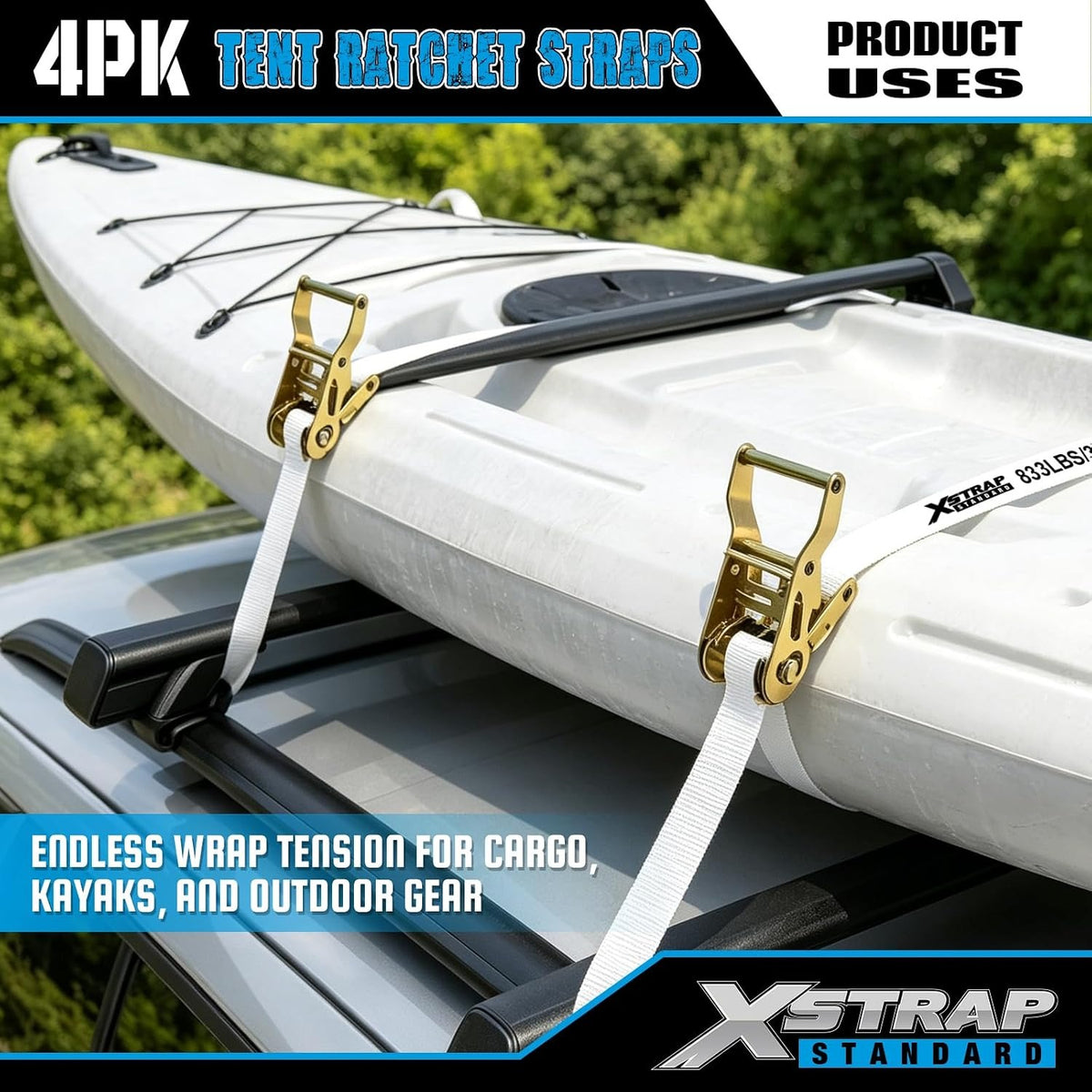 XS16100 4PK 1" × 10FT Ratchet Tie Down White Tent Securing Straps, 2500lbs Breaking Strength Heavy Duty Endless Moving Straps, Track Spring Fittings, Tie Downs for Tents/Trailers/Kayaks/Truck