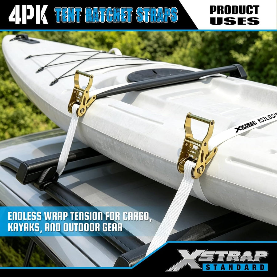 XS16100 4PK 1" × 10FT Ratchet Tie Down White Tent Securing Straps, 2500lbs Breaking Strength Heavy Duty Endless Moving Straps, Track Spring Fittings, Tie Downs for Tents/Trailers/Kayaks/Truck