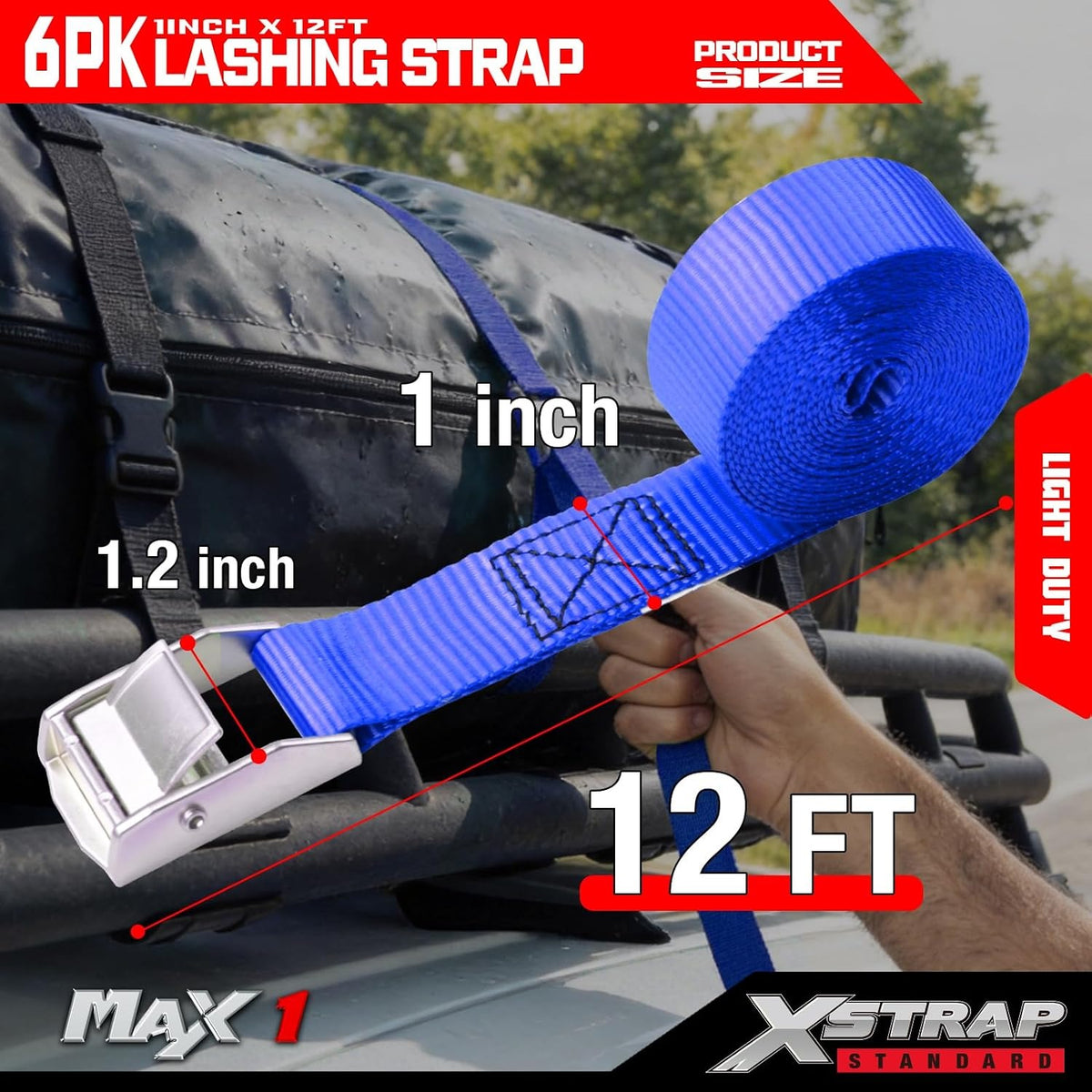 XS61091 Cambuckle Tie Down Strap 6-Pack 1"x12' Cargo Lashing Straps 1000 lb Break Strength 1-inch Powersports Tie Down with Carry Bag for Securing Luggage Motorcycles Trailer Rack Kayak, Blue