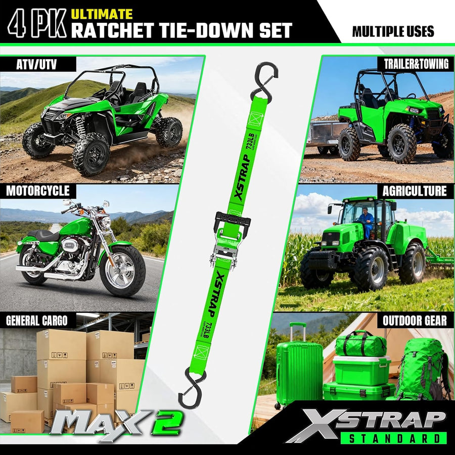 X61795 4PK 1"x15ft Motorcycle Ratchet Tie Down Straps with S-Hooks 2,200 Lbs Break Strength Heavy Duty Padded Handles Ratchet Straps for Kayak Trailer ATV Truck and Moving, Black