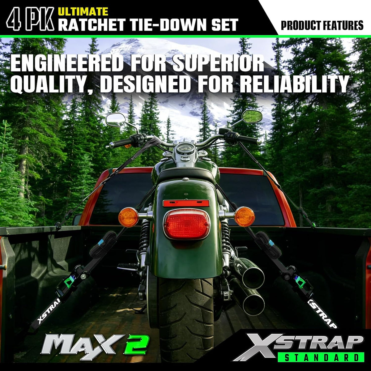 X61795B 4PK 1"x15ft Motorcycle Ratchet Tie Down Straps with S-Hooks 2,200 Lbs Break Strength Heavy Duty Padded Handles Ratchet Straps for Kayak Trailer ATV Truck and Moving, Black