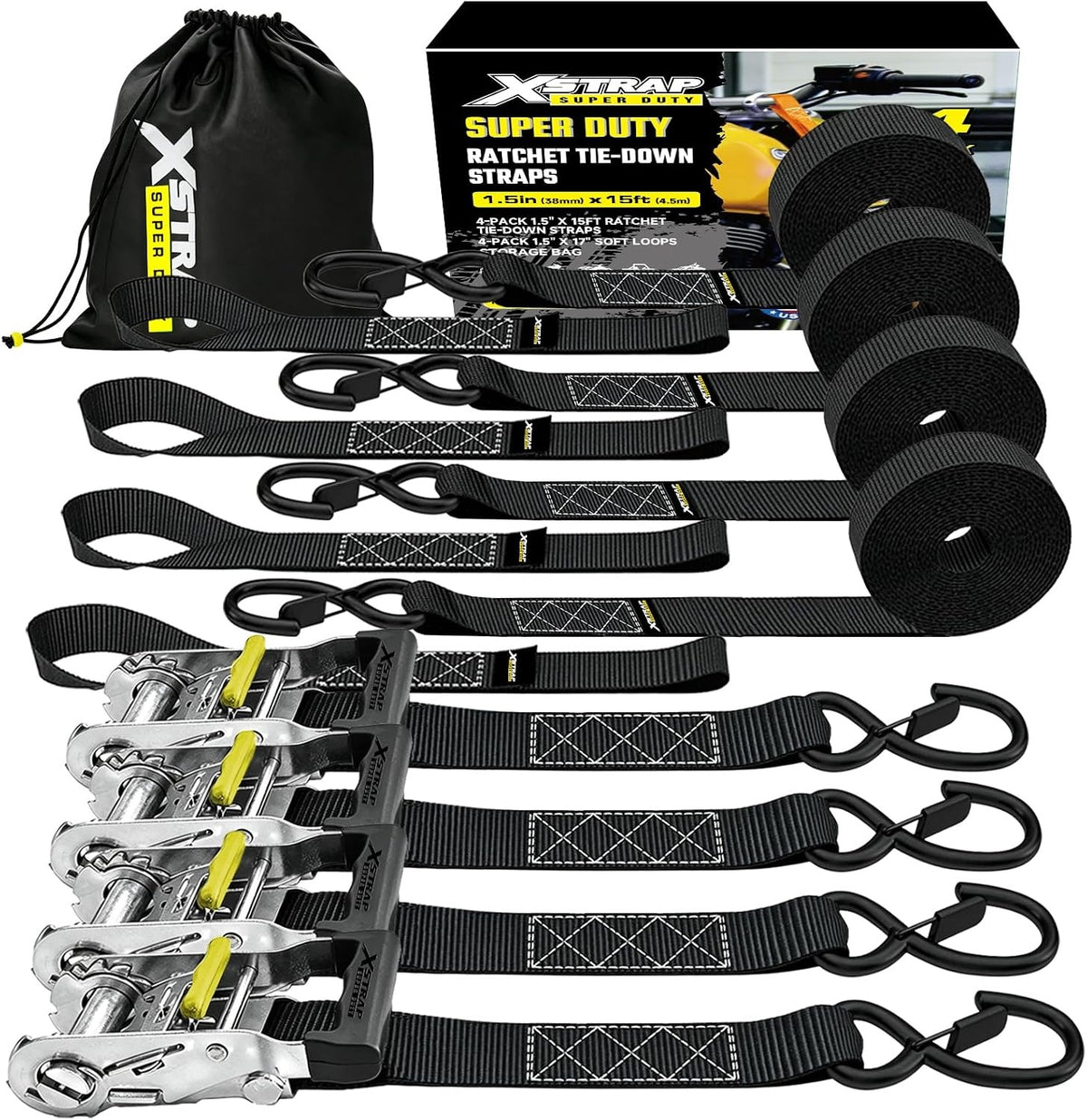 XS61687 Super Duty Ratchet Tie Down Straps, 4-Pack 1.5" x 15ft 5000 Lbs Breaking Strength with Safety S-Hooks & 4 of 17" Soft Loops, Black Cargo Straps for Motorcycle, ATV, UTV and Trucks