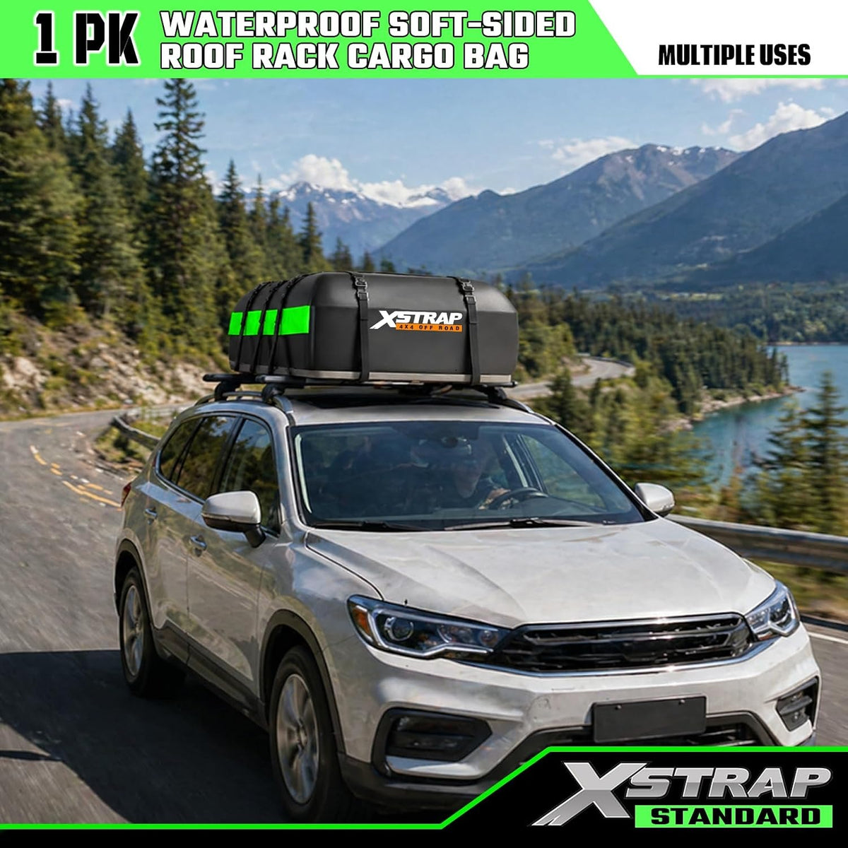 44310-green 21 Cubic Feet Car Rooftop Luggage Carrier Bag, Green Weather-Resistant 840D Car Roof Bag for SUVs Sedans with/without Rack, Anti-Slip Mat, 6-Door Hooks, 2-Extra Straps, Lock