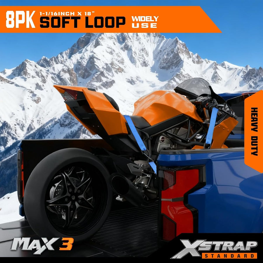 XS16004-Blue 8PK Motorcycle Soft Loop Tie-Down Straps 1-1/16 x 18 inches 3,600LB Breaking Strength, Loop Straps for Securing Trailering, Bikes, ATV, UTV, Scooters, Dirt Bikes, Lawn Equipment, Black