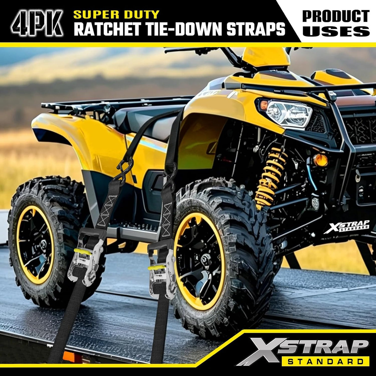 XS61687 Super Duty Ratchet Tie Down Straps, 4-Pack 1.5" x 15ft 5000 Lbs Breaking Strength with Safety S-Hooks & 4 of 17" Soft Loops, Black Cargo Straps for Motorcycle, ATV, UTV and Trucks