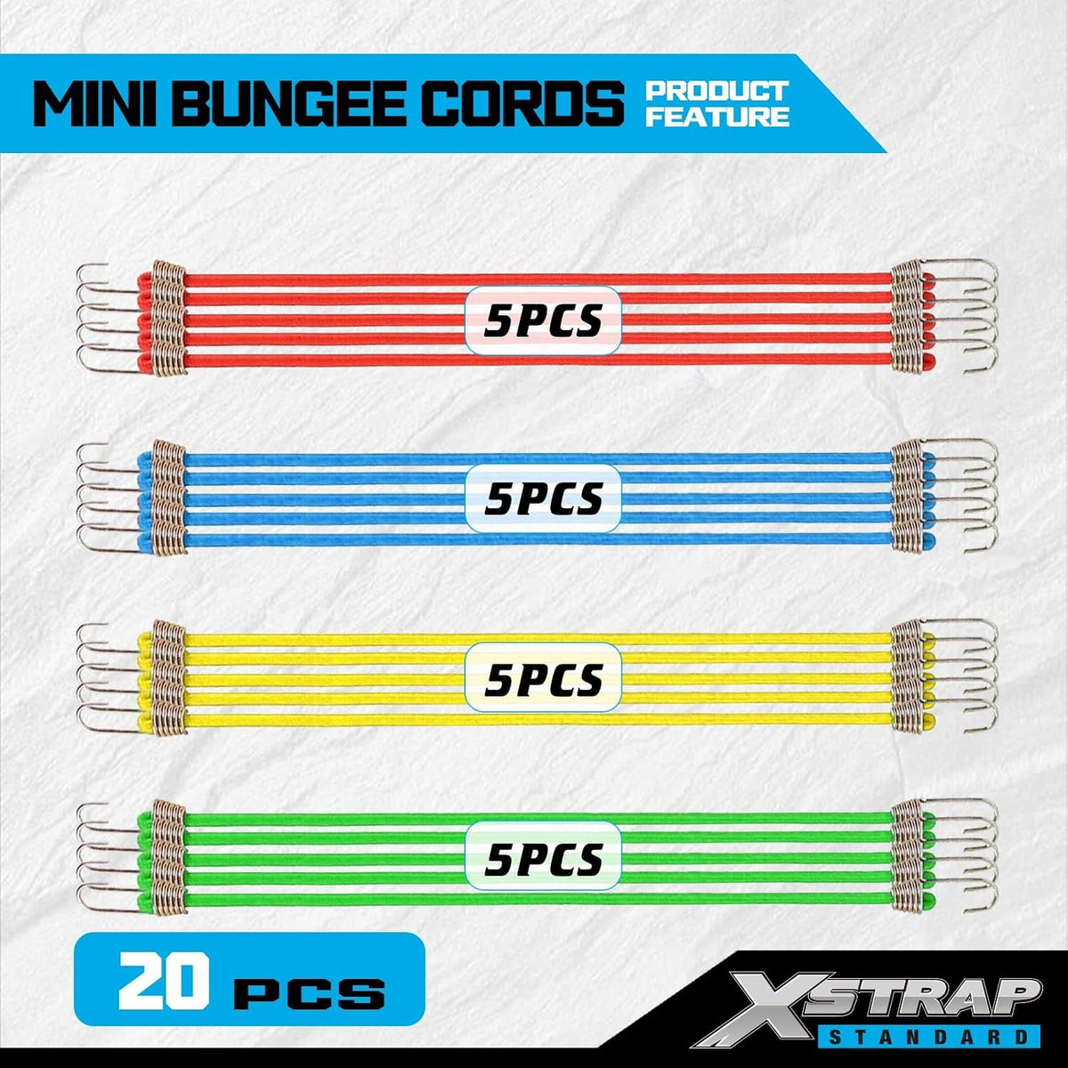 XS16022  10-Inch Mini Bungee Cords with Hook, 20 Pcs Elastic Straps Small Rubber Stretchy Cords for Bikes Camping Tools Tarps Cargo RV Luggage Roof Racks Hang & Christmas Ornaments