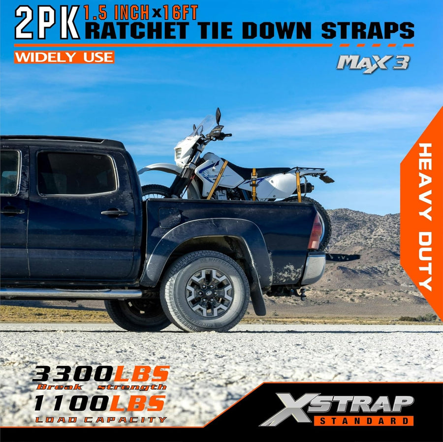 XS16092-2Y 2 Pack 1.5" x 16Ft Ratchet Tie Down Straps w/Double J Hook 3,300 lb Break Strength, Heavy Duty Tie Down Straps for ATV, UTV, Truck, Motorcycle & Cargo Hauling, , Kayak, Trailer, Yellow