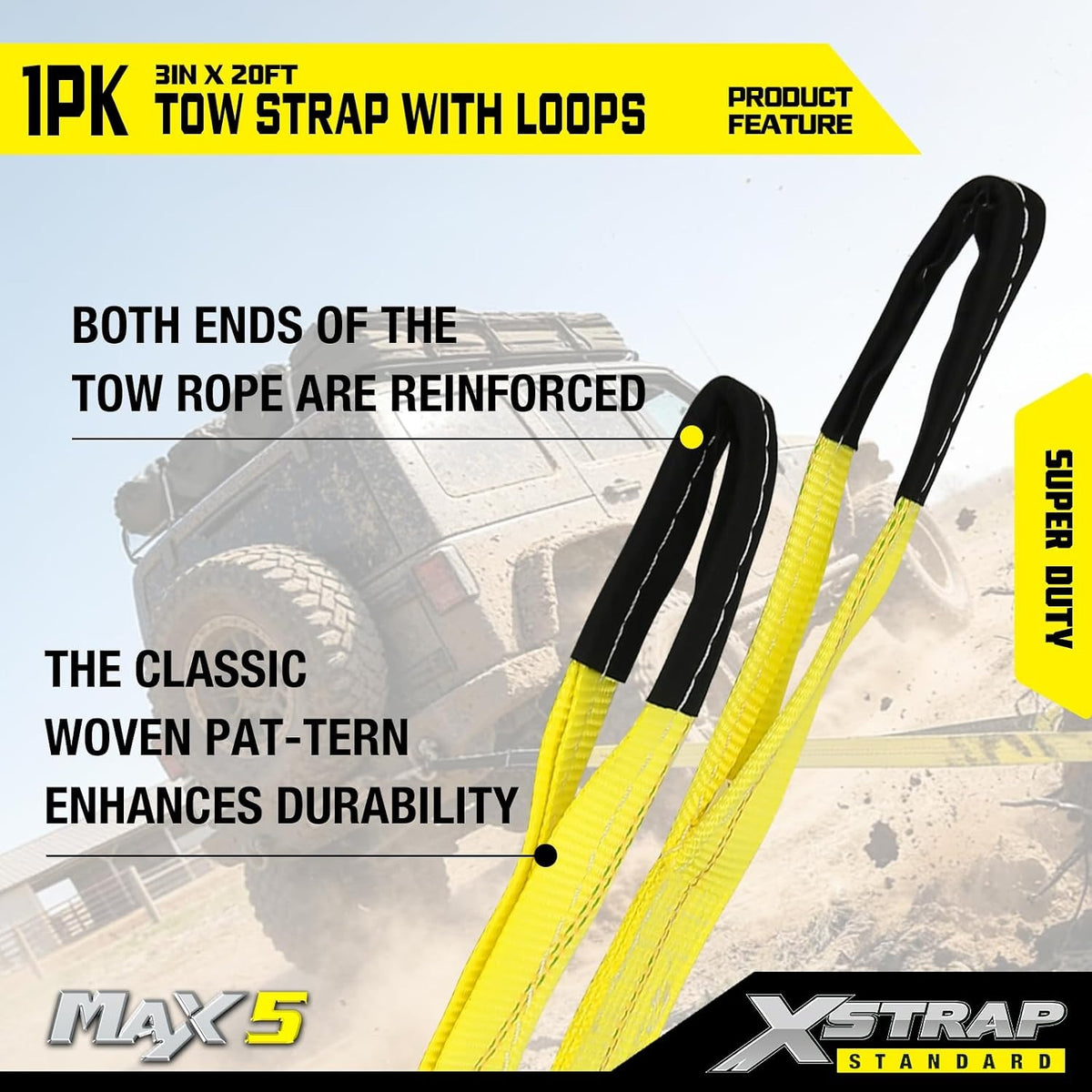 XS61907 Heavy Duty 3" x 20ft Recovery Snatch Truck Tow Strap 30000 Lb Break Strength, Abrasion Sleeve & Triple Reinforced Loops, Emergency Towing Strap for Off-Road, SUV and Jeep