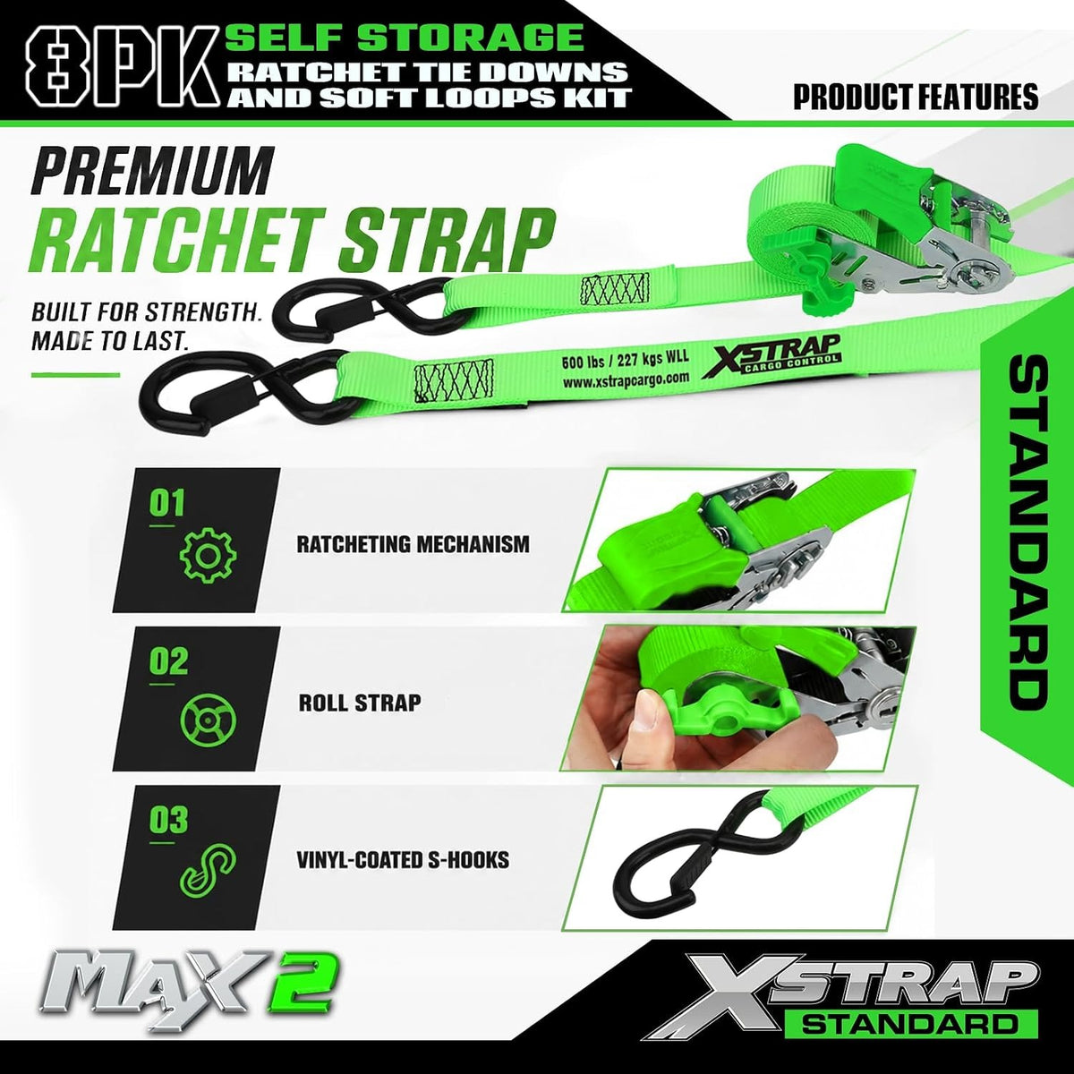 X61169 4-PK 1" x 15ft Self-Storing Ratchet Tie Down Straps, Green 1500 lbs Break Strength Hand Crank Cargo Straps with Soft Loops & Safety S Hooks for Truck Trailer Motorcycle Van ATV UTV