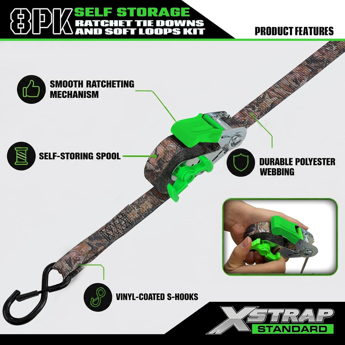 X61170 4-Pack 1" x 15ft Self-Storing Ratchet Tie Down Straps, Camo 1500 lbs Break Strength Hand Crank Cargo Straps with Soft Loops & Safety S Hooks for Truck Trailer Motorcycle Van ATV UTV