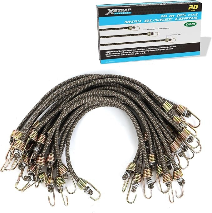 XS16022-Camouflage  20 Pcs Mini Bungee Cords with Hook, 10-Inch Elastic Straps Small Rubber Stretchy Cords for Bikes Camping Tools Tarp Covers Canvas Canopies Cargo Hang Christmas Ornaments, Camouflage