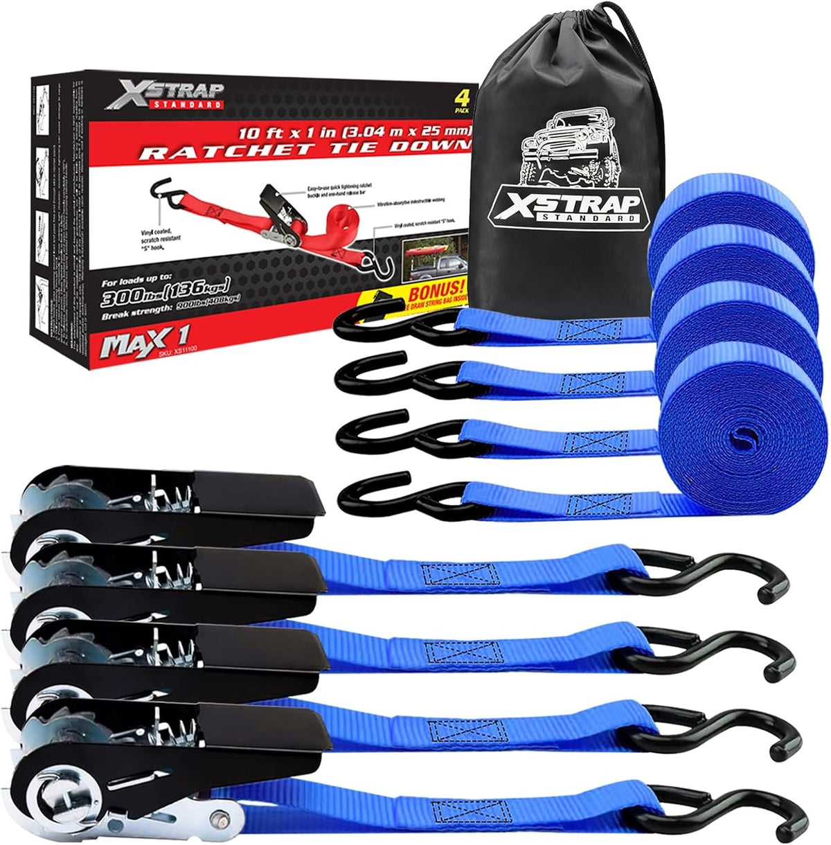 XS11100-Blue-2 4-PK Ratchet Tie Down Straps, 1" x 10FT Cargo Straps,  900 Lbs Break Strength Securing Straps with S-Hook for UTV, ATV, Pickup,Truck, Moving Appliances, Lawn Equipment（副本）