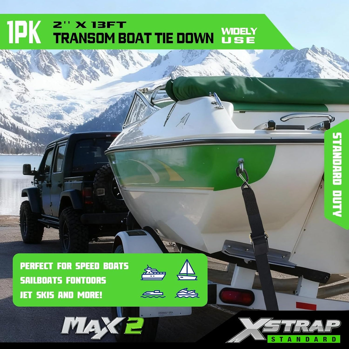 XS16038 1PK 2" x13' Boat Trailer Transom Straps Adjustable Tie-Down, 1200 LBS Capacity Securely Moving Straps For Boat, Jet Ski and Pontoon, Weather-Resistant Webbing, Anti-Scratch Hooks