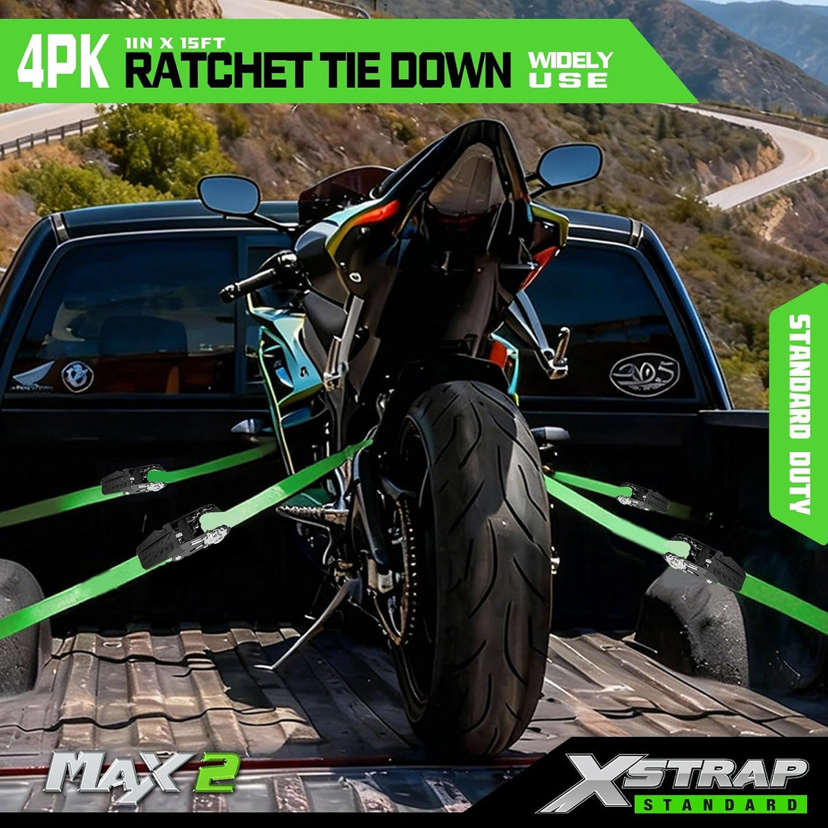 XS11223 1''x15Ft Ratchet Tie Down Straps 4PK, Integrated Soft Loops 2,200 Lbs Break Strength Heavy Duty Padded Handles Ratchet Straps for Kayak Trailer ATV Truck and Moving, Black