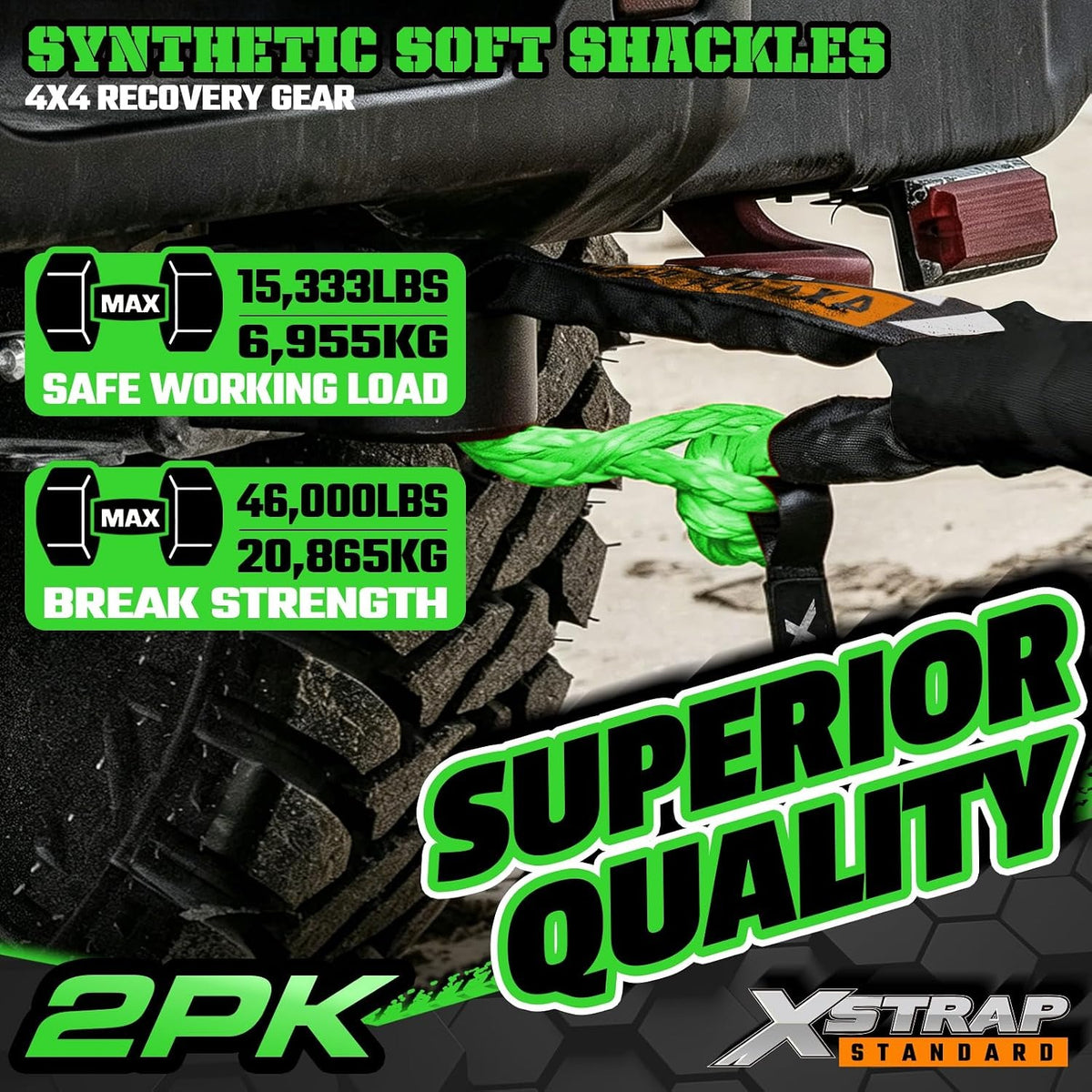 XS16094-Green Soft Shackle 2 Pack - 1/2” x 22” 46000 Lbs Tow Recovery, Synthetic Shackle Rope, Heavy Duty Recovery Gear for Towing, Winch, Jeep, ATV, UTV, Truck, Off-Road (Green)