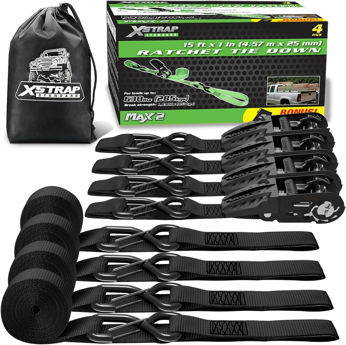 XS11221 1''x15Ft Ratchet Tie Down Straps 4PK, Integrated Soft Loops 2,200 Lbs Break Strength Heavy Duty Padded Handles Ratchet Straps for Kayak Trailer ATV Truck and Moving, Black