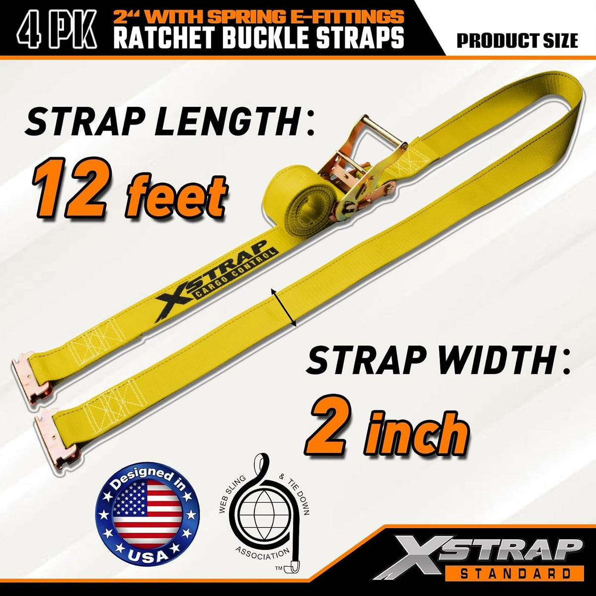 4-PK 2" x 12' E-Track Heavy Duty Ratchet Tie Down Straps 4,400lbs Break Strength （yellow）63431