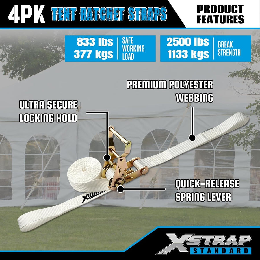 XS16099 4PK 1" × 12' Ratchet Tent Straps w/Loop End Tie Down Strap, Heavy Duty 2500lbs Breaking Strength, Secure Tents & Canopies for Camping/Events, Tie Down Straps, Durable Polyester Webbing