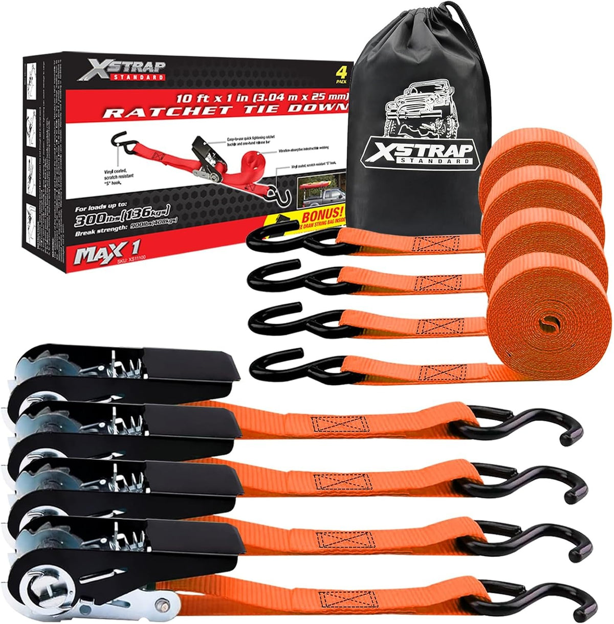 XS11100-Orange 4-PK Ratchet Tie Down Straps, 1" x 10FT Cargo Straps,  900 Lbs Break Strength Securing Straps with S-Hook for UTV, ATV, Pickup,Truck, Moving Appliances, Lawn Equipment（副本）（副本）（副本）