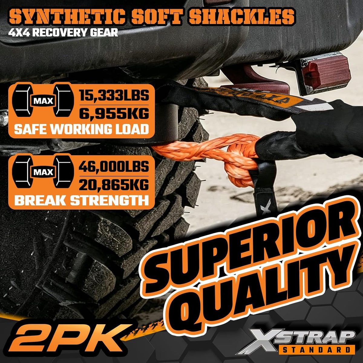 XS16094-Orange Soft Shackle 2 Pack - 1/2” x 22” 46000 Lbs Tow Recovery, Synthetic Shackle Rope, Heavy Duty Recovery Gear for Towing, Winch, Jeep, ATV, UTV, Truck, Off-Road (Orange)