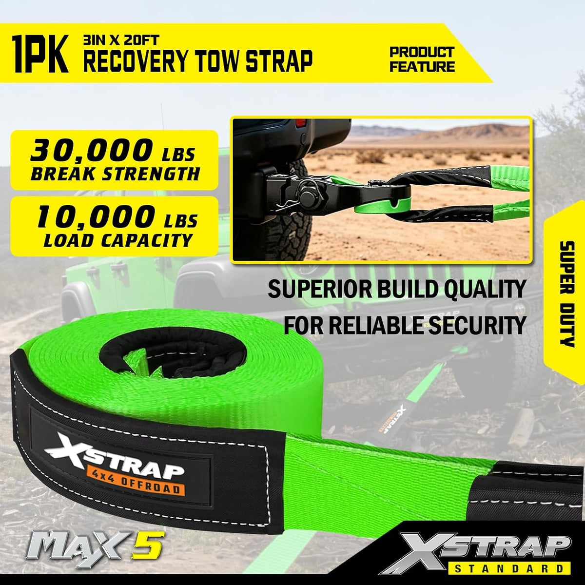 XS61934 Heavy Duty 3" x 20ft Recovery Snatch Truck Tow Strap 30000 Lb Break Strength, Abrasion Sleeve & Triple Reinforced Loops, Emergency Towing Strap for Off-Road, SUV and Jeep