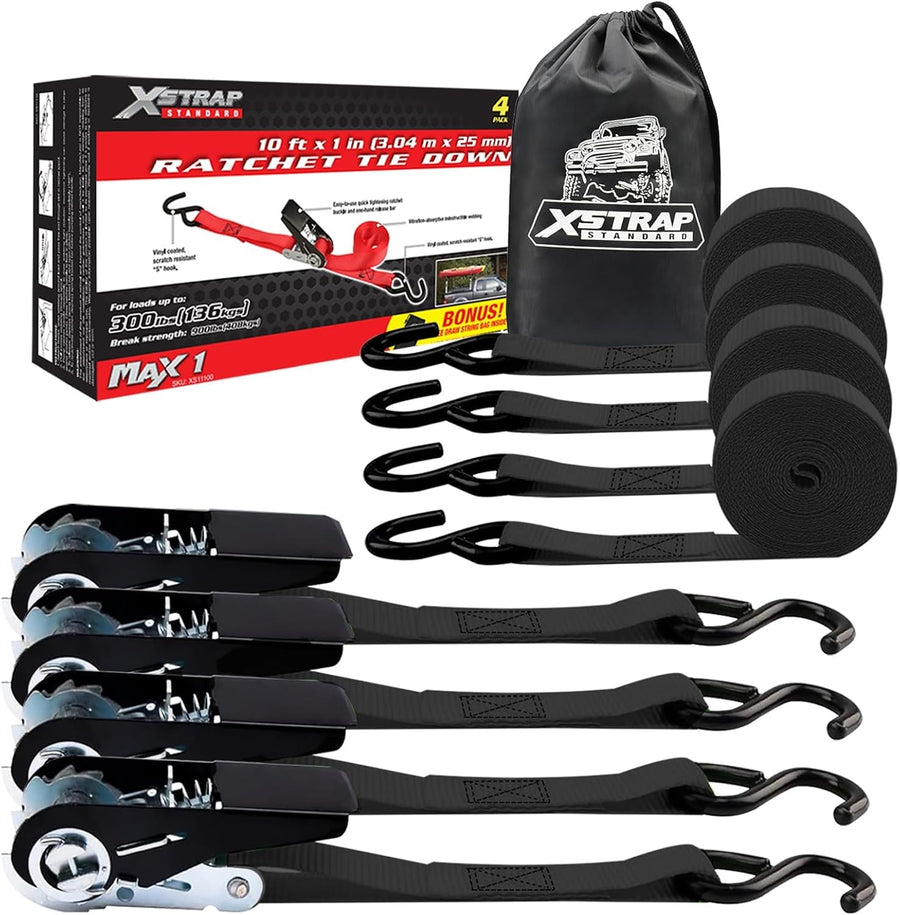 XS11100-Black 4-PK Ratchet Tie Down Straps, 1" x 10FT Cargo Straps,  900 Lbs Break Strength Securing Straps with S-Hook for UTV, ATV, Pickup,Truck, Moving Appliances, Lawn Equipment