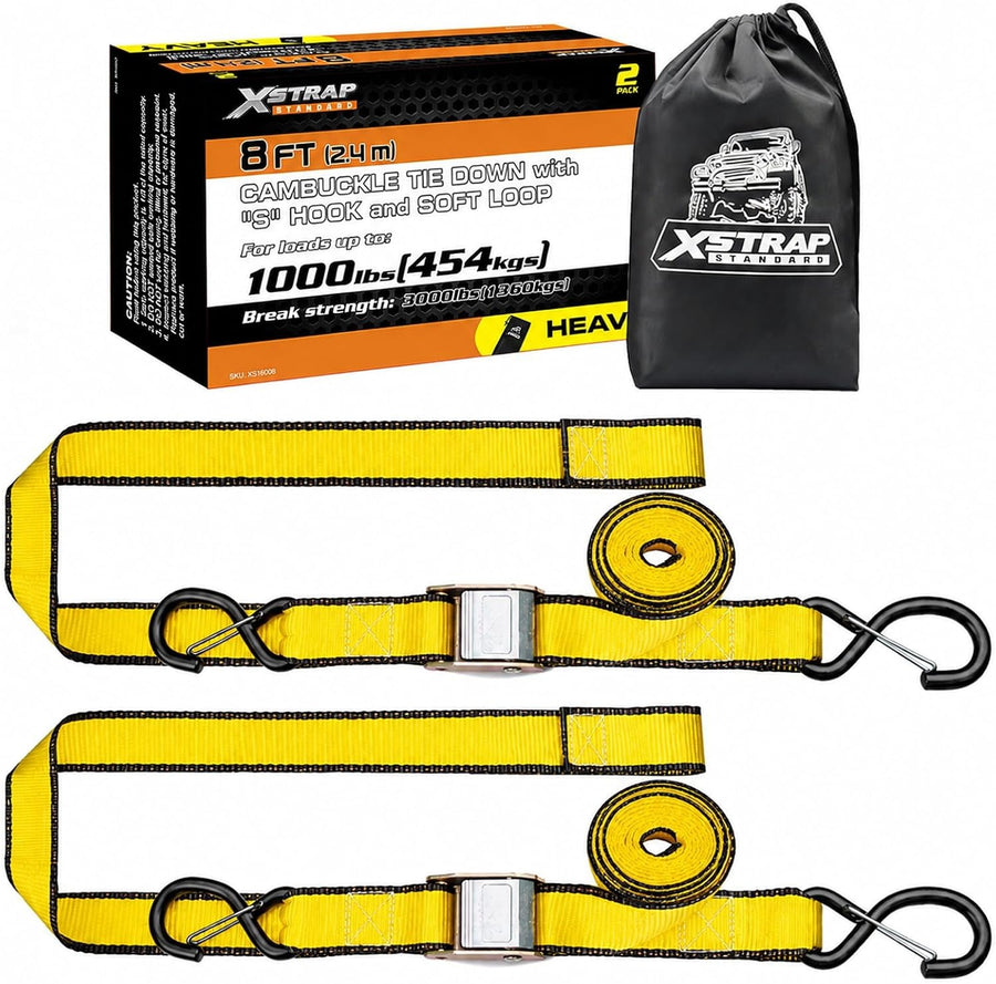 XS16008-Yellow 2-PK Motorcycle Straps Cambuckle Tie Down 1.5" X8FT, Yellow 3000lb Break Strength Heavy-Duty Handlebar Straps, Safety S-Hooks & Soft Loops for Dirt Bike, ATV, Boat and Kayak