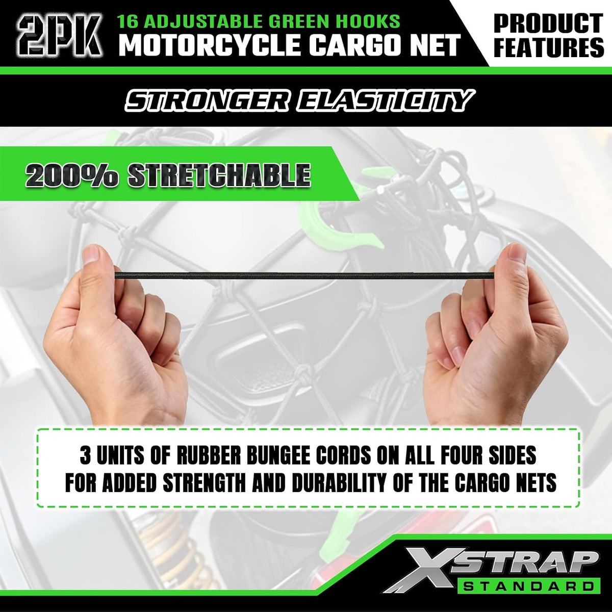 XS63559 2 Pack 15"x15" Motorcycle Cargo Nets with 16 Adjustable Hooks ﻿ Stretches up to 30"X30", 2"X2" Small Mesh Gear Helmet Net, Green Hooks for Motorcycle, Bike, ATV and Luggage Rack