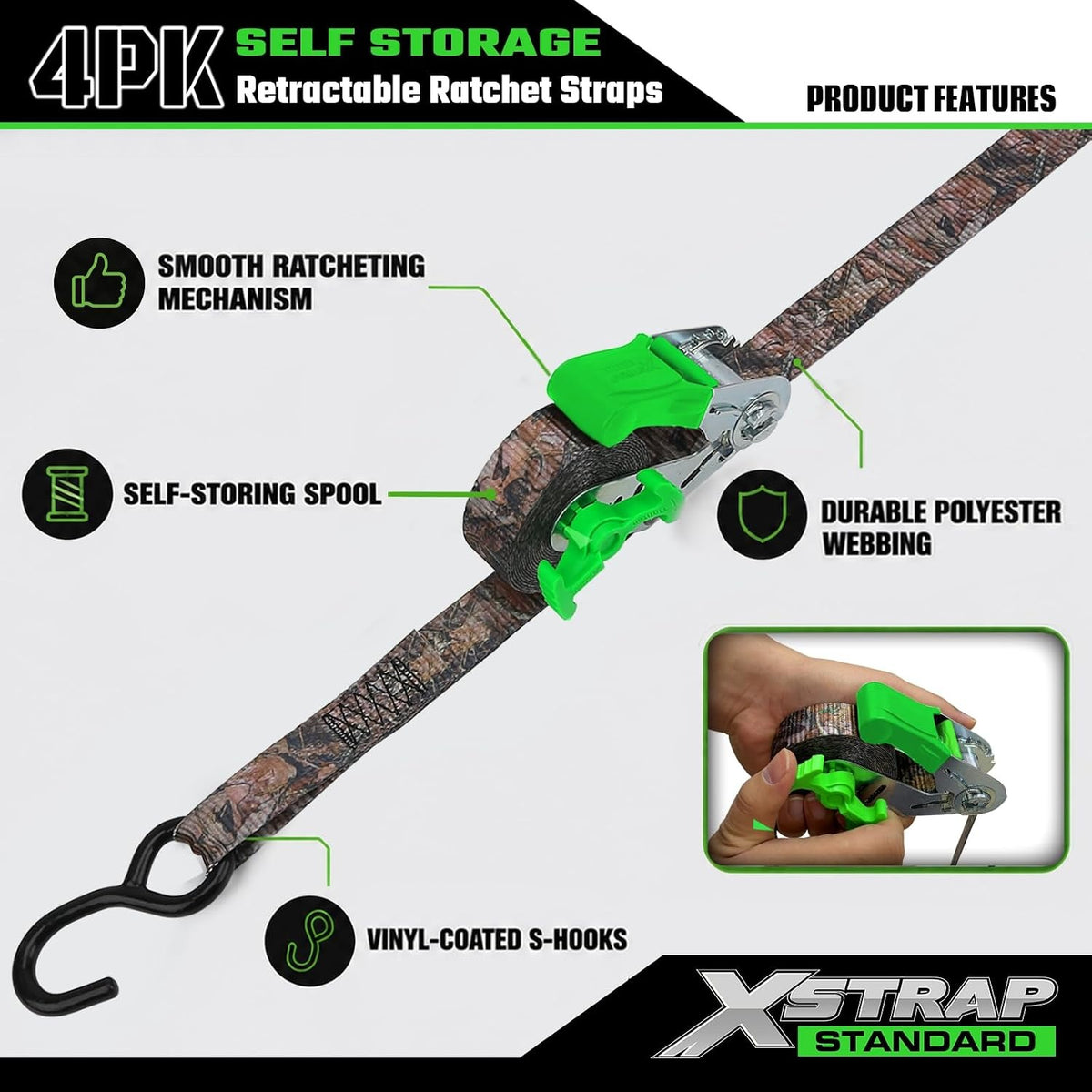 X61167 4-Pack 1" x 15ft Self-Storing Ratchet Tie Down Straps, Camo 1500 lbs Break Strength Hand Crank Cargo Straps with S Hooks for Truck Trailer Pickups Motorcycle Van ATV UTV
