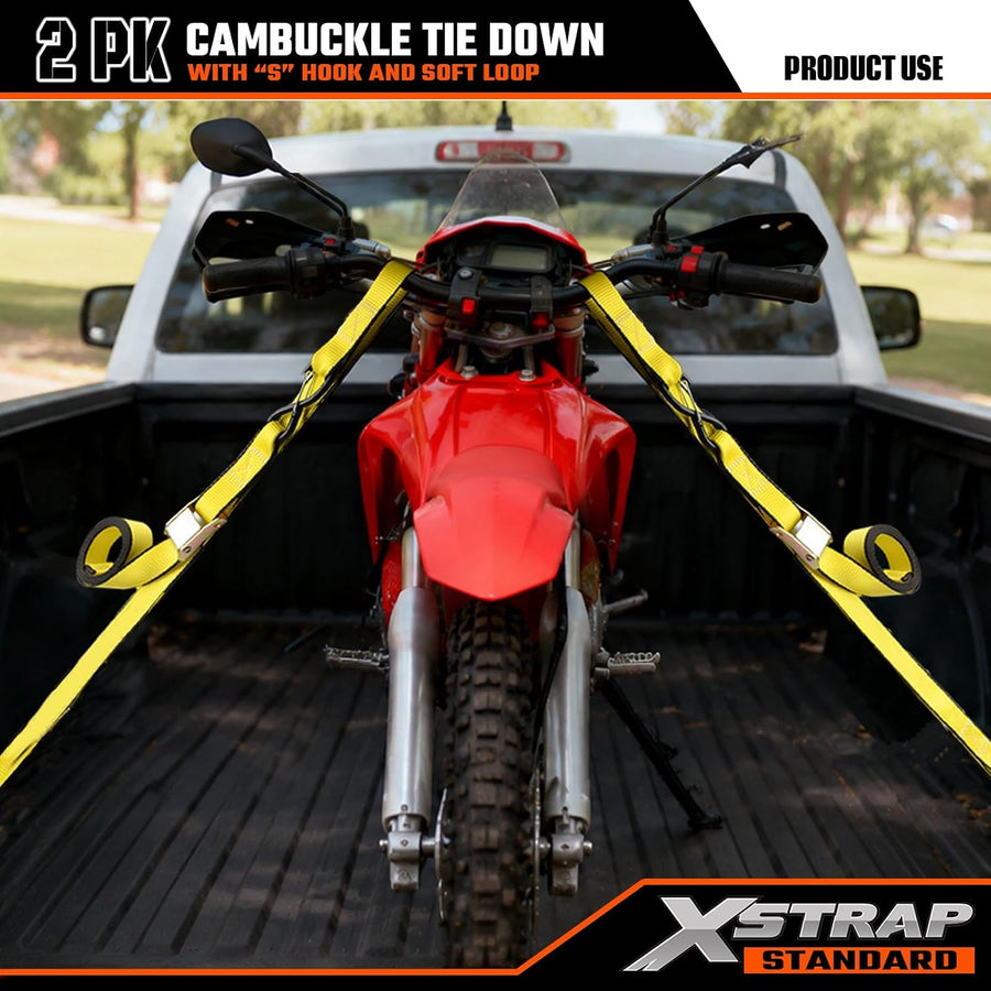 XS16008-Yellow 2-PK Motorcycle Straps Cambuckle Tie Down 1.5" X8FT, Yellow 3000lb Break Strength Heavy-Duty Handlebar Straps, Safety S-Hooks & Soft Loops for Dirt Bike, ATV, Boat and Kayak