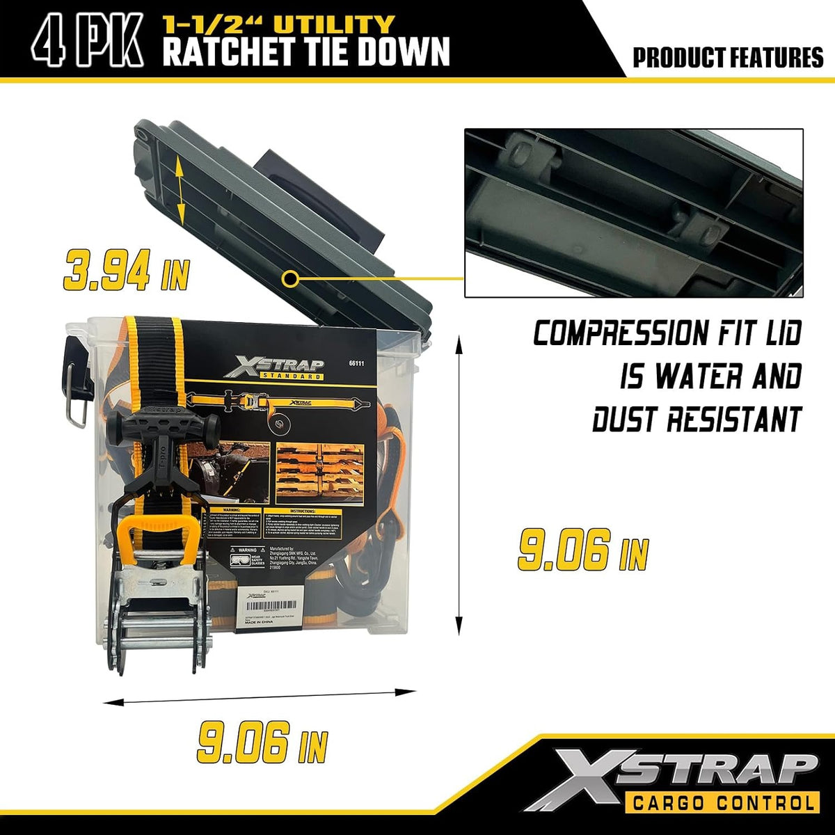 XS66118 4-Pack Heavy Duty 1.5" x 16ft Ratchet Tie Down Cargo Straps 1.5"x16FT Motorcycle Straps with Double J Hooks with Ergonomic T-Handle, 3300 lbs Break Strength for Truck, ATV, Trailer, UTV