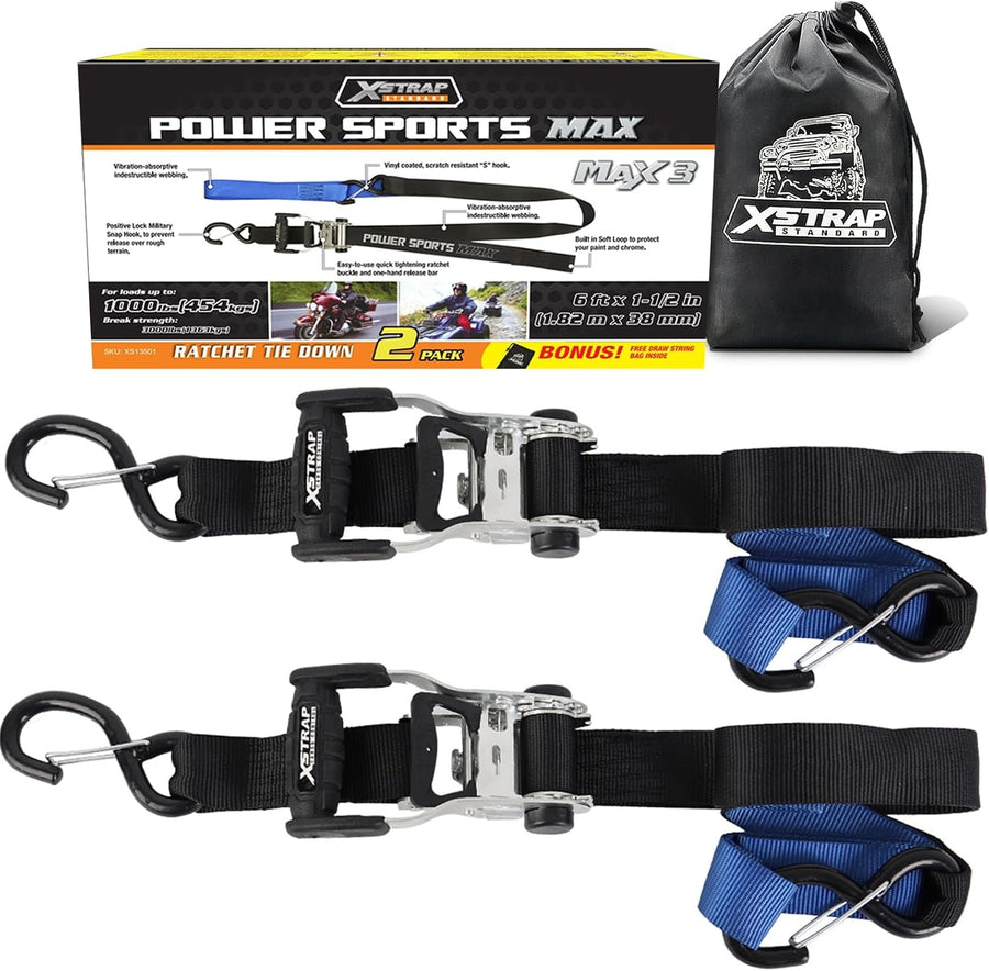 XS13501 2 Pack 1.5" x 6FT Ratchet Tie Down Straps with Lock S Hooks 1000Lbs Load Cap, 3000Lb Break Strength, Soft Loops & Safety Clip Hooks Cargo Straps for Motorcycle, ATV, Kayak, Black