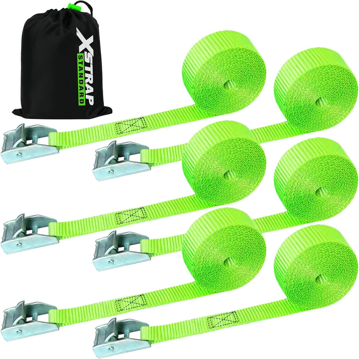 XS61092 Cambuckle Tie Down Strap 6-Pack 1"x12' Cargo Lashing Straps 1000 lb Break Strength 1-inch Powersports Tie Down with Carry Bag for Securing Luggage Motorcycles Trailer Rack Kayak, Green