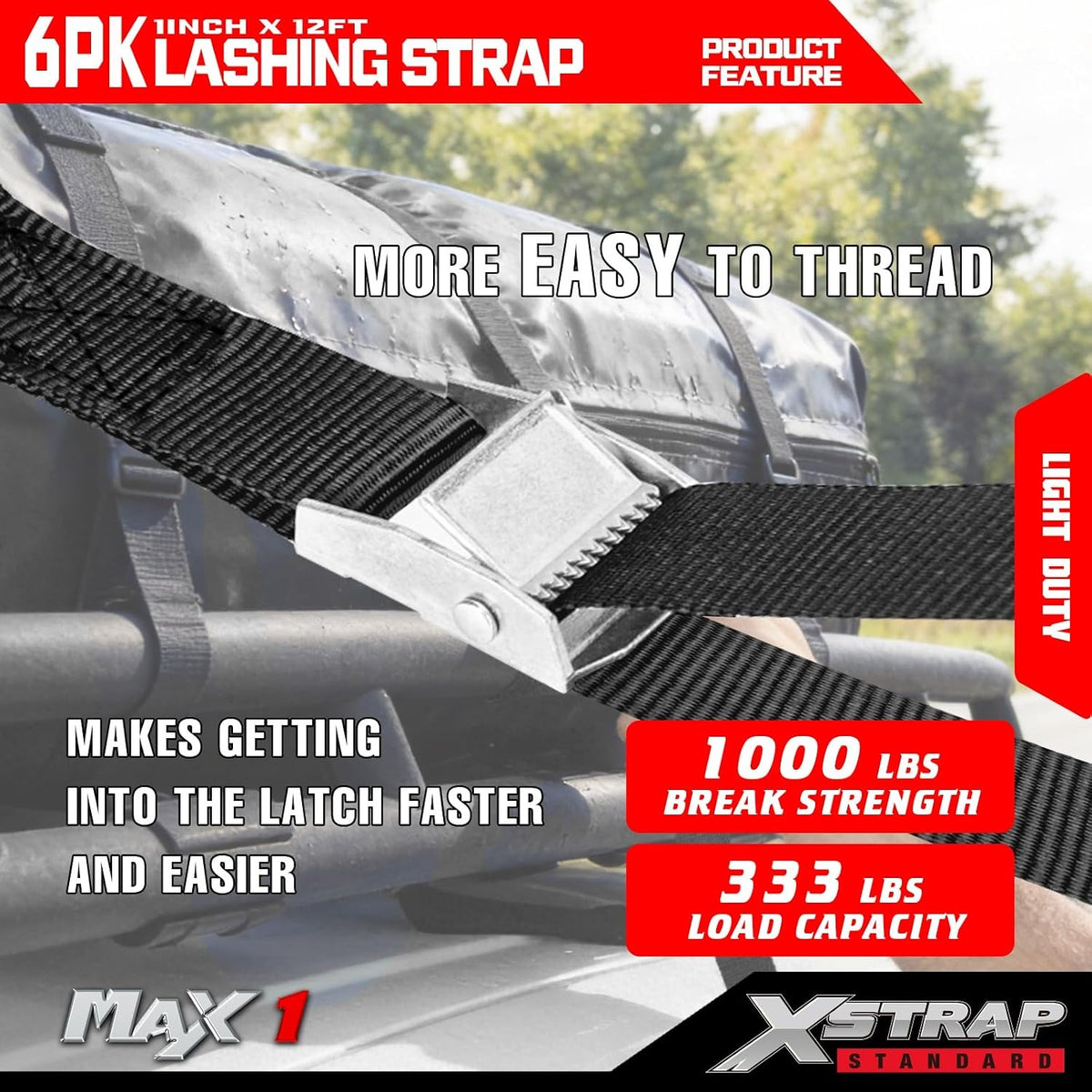 XS61090 Cambuckle Tie Down Strap 6-Pack 1"x12' Cargo Lashing Straps 1000 lb Break Strength 1-inch Powersports Tie Down with Carry Bag for Securing Luggage Motorcycles Trailer Rack Kayak, Black