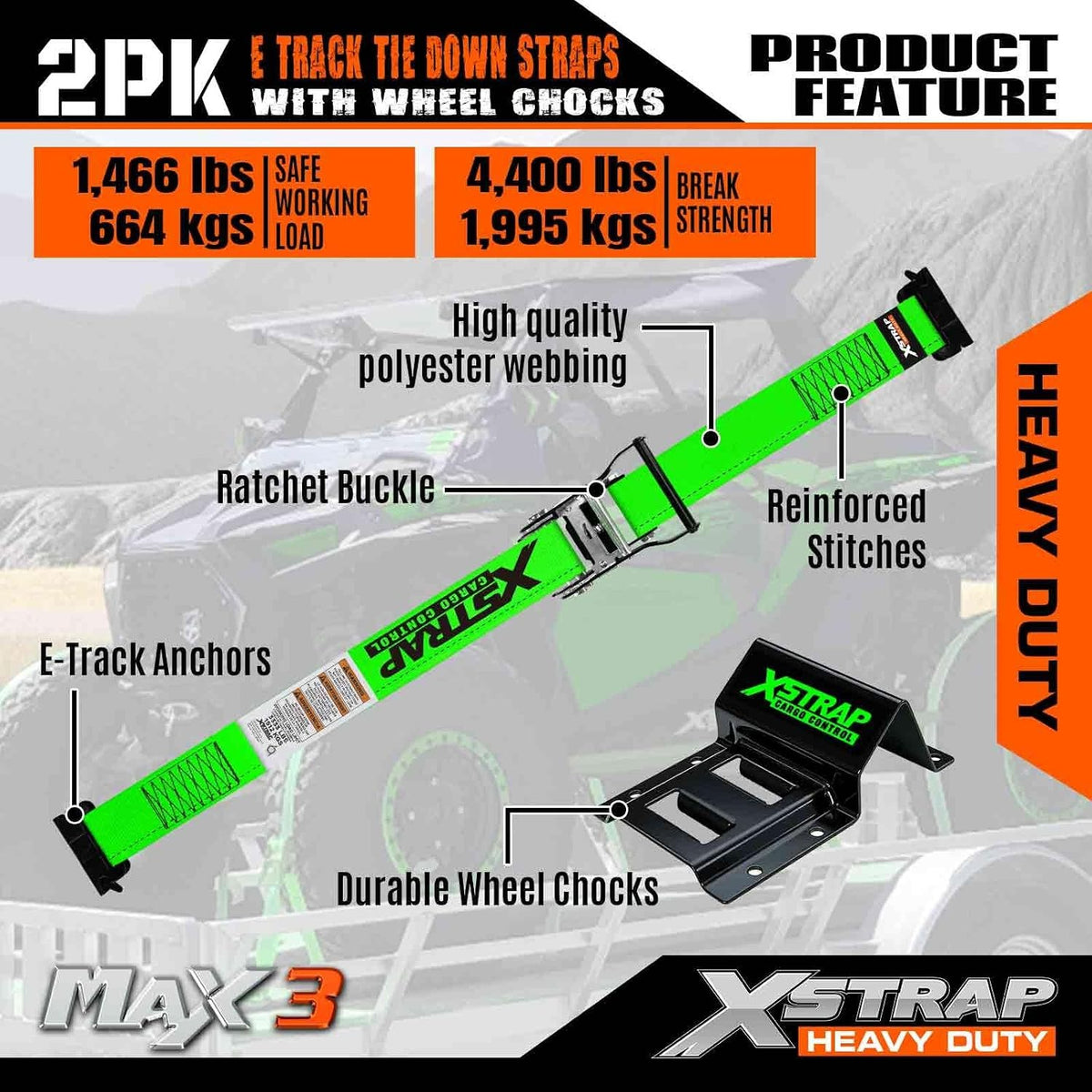 X61803 2-PK Wheel Chock E-Track Tie Down Straps Kit, 2"x9FT, Green 4,400lb Break Strength Over-The-Tire 4 Ratchet Straps with 8 Steel Wheel Chocks for ATV, UTV, Mower, Four Wheeler & Trailer