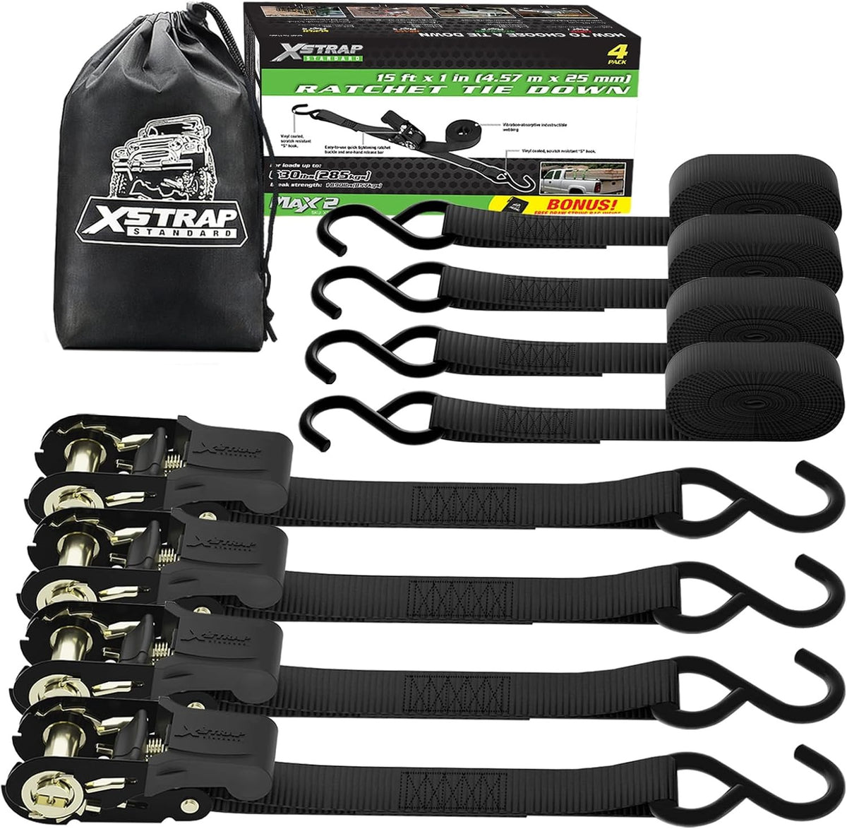 XS11220 4 Pack 1" x 15FT Ratchet Tie Down Straps, Motorcycle Straps, 1890Lbs Break Strength, Abrasion-Resist Webbing with Coated S Hook for Moving Appliances, Lawn Equipment, ATV, Truck, Black