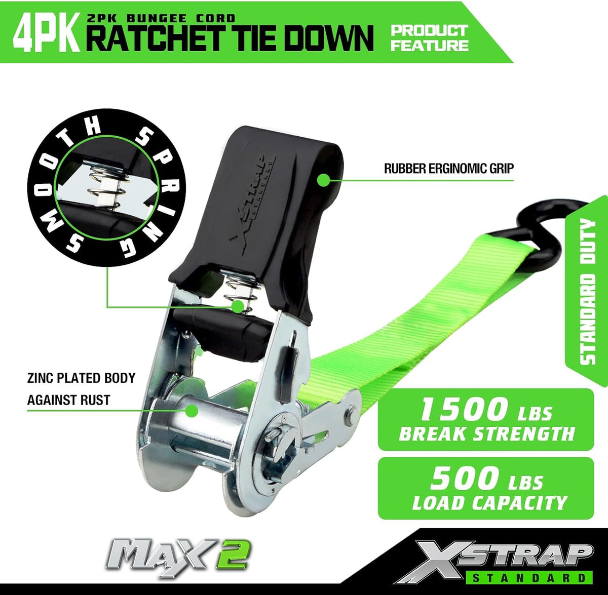 XS16019-2 4 Pack 1" x 15Ft Ratchet Tie Down Straps with 4 Soft Loops, 500Lbs Load Cap, 1500Lb Break Strength, Abrasion-Resist Webbing for Moving Appliances, Lawn Equipment & Motorcycle, Green