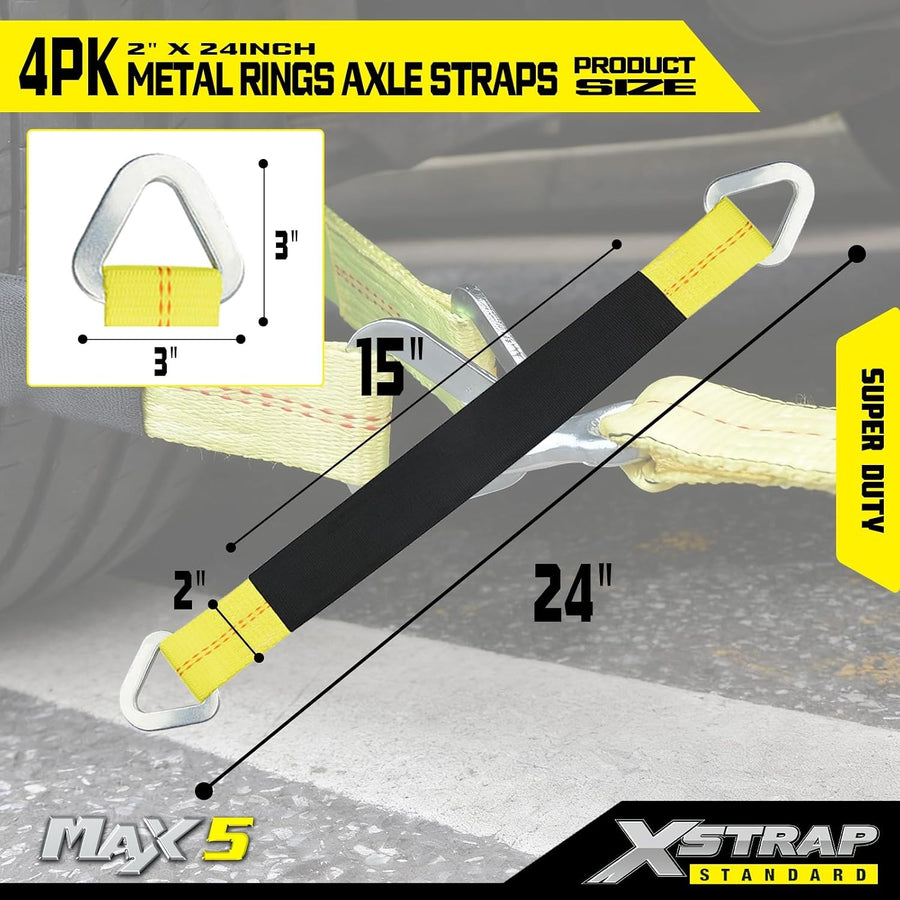 XS20305 4-PK 24" x 2" Axle Straps with Protective Sleeve and D-Ring Tire Wheel Tie Down Straps for Securing Race Car Tow Truck Transport, 3333 Lb. Capacity 10,000 Breaking Strength, Yellow