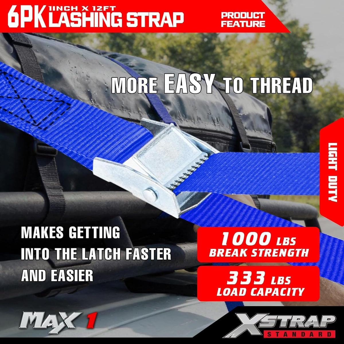 XS61091 Cambuckle Tie Down Strap 6-Pack 1"x12' Cargo Lashing Straps 1000 lb Break Strength 1-inch Powersports Tie Down with Carry Bag for Securing Luggage Motorcycles Trailer Rack Kayak, Blue