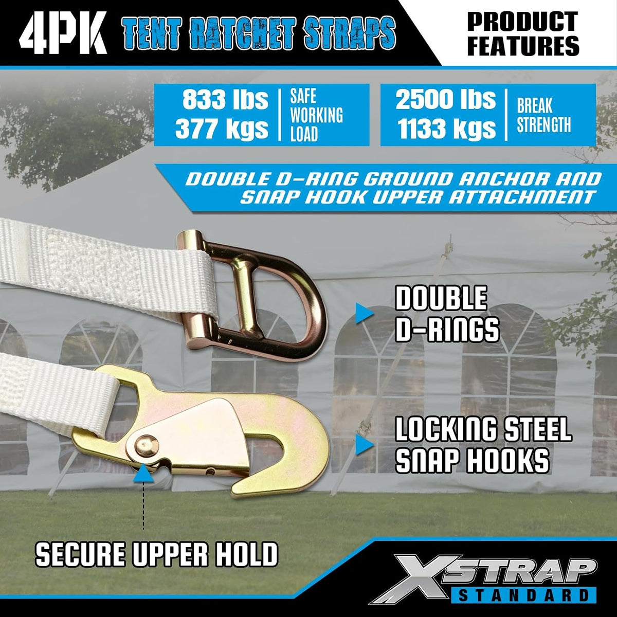 XS16098 4PK 12FT Ratchet Tie Down Tent Straps w/Snap Hook & D-Ring Heavy Duty 2500lbs Breaking Strength 1inch Tie Downs Secure Tents & Canopies for Camping/Events, Durable Polyester Webbing